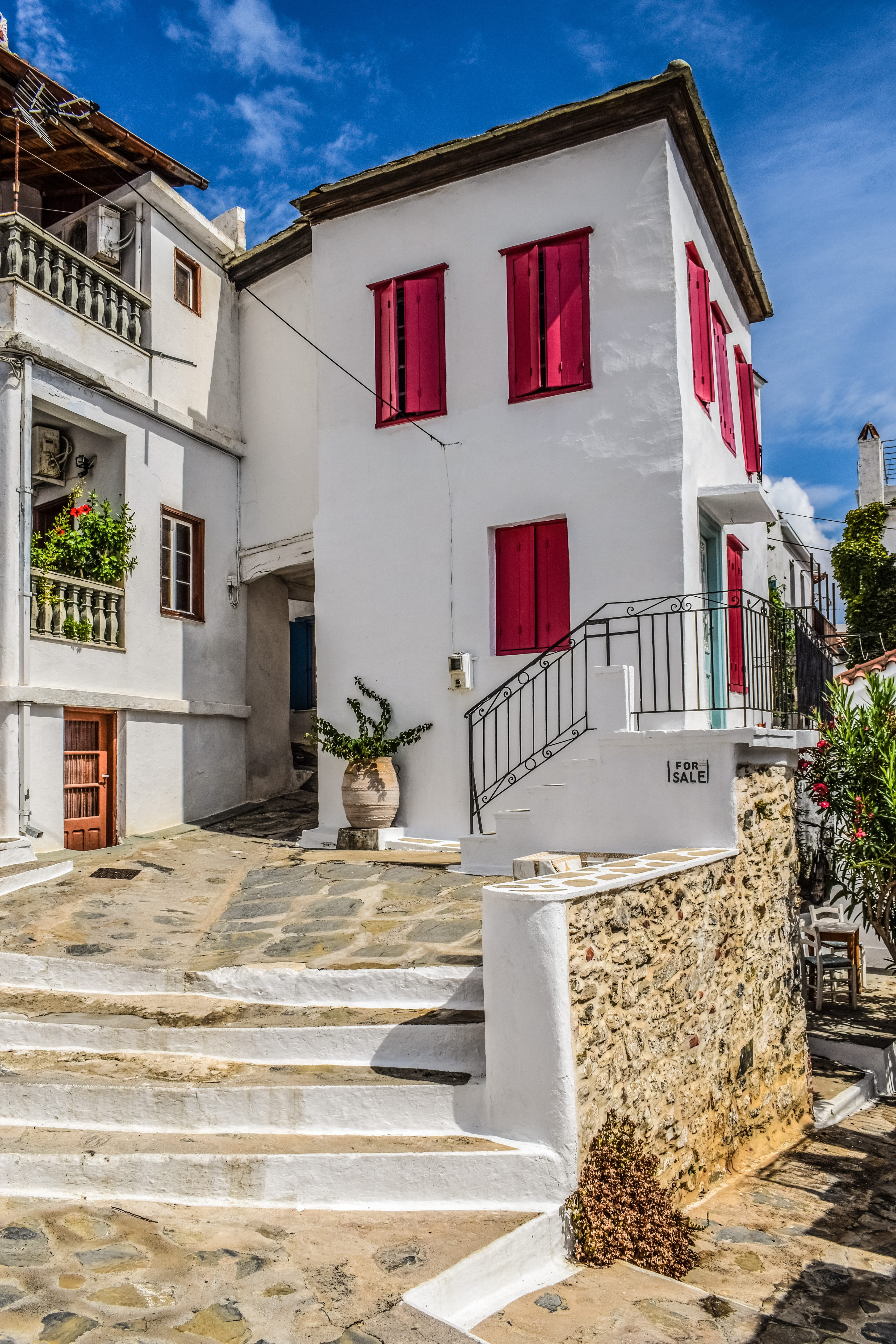 island, outdoors, day, no people, city, building, concrete, plant, white, skopelos, nature, greece, window, house, sporades, blue, greek, mediterranean, Phone HD Wallpaper