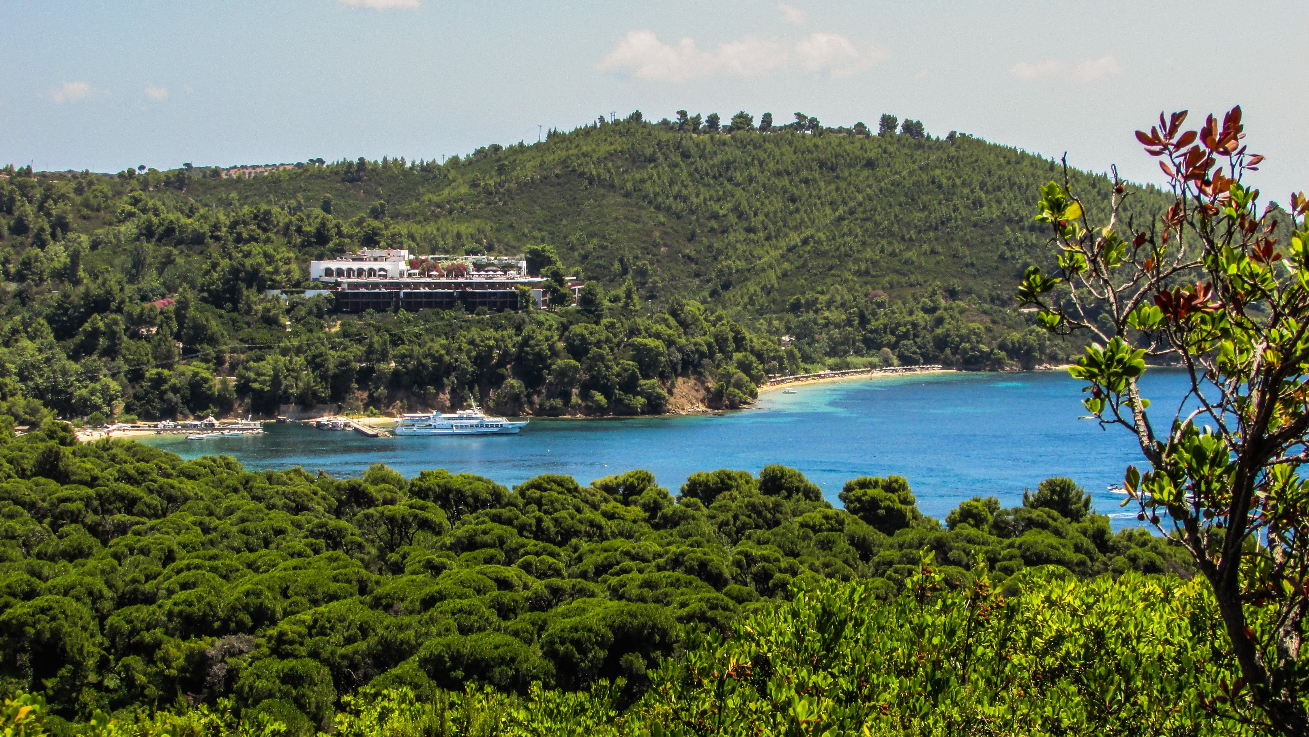 outdoors, sea, land, summer, tropical climate, skiathos, nature, green, tourism, beauty in nature, travel destinations, forest, sky, no people, 4K, island, HD Wallpaper