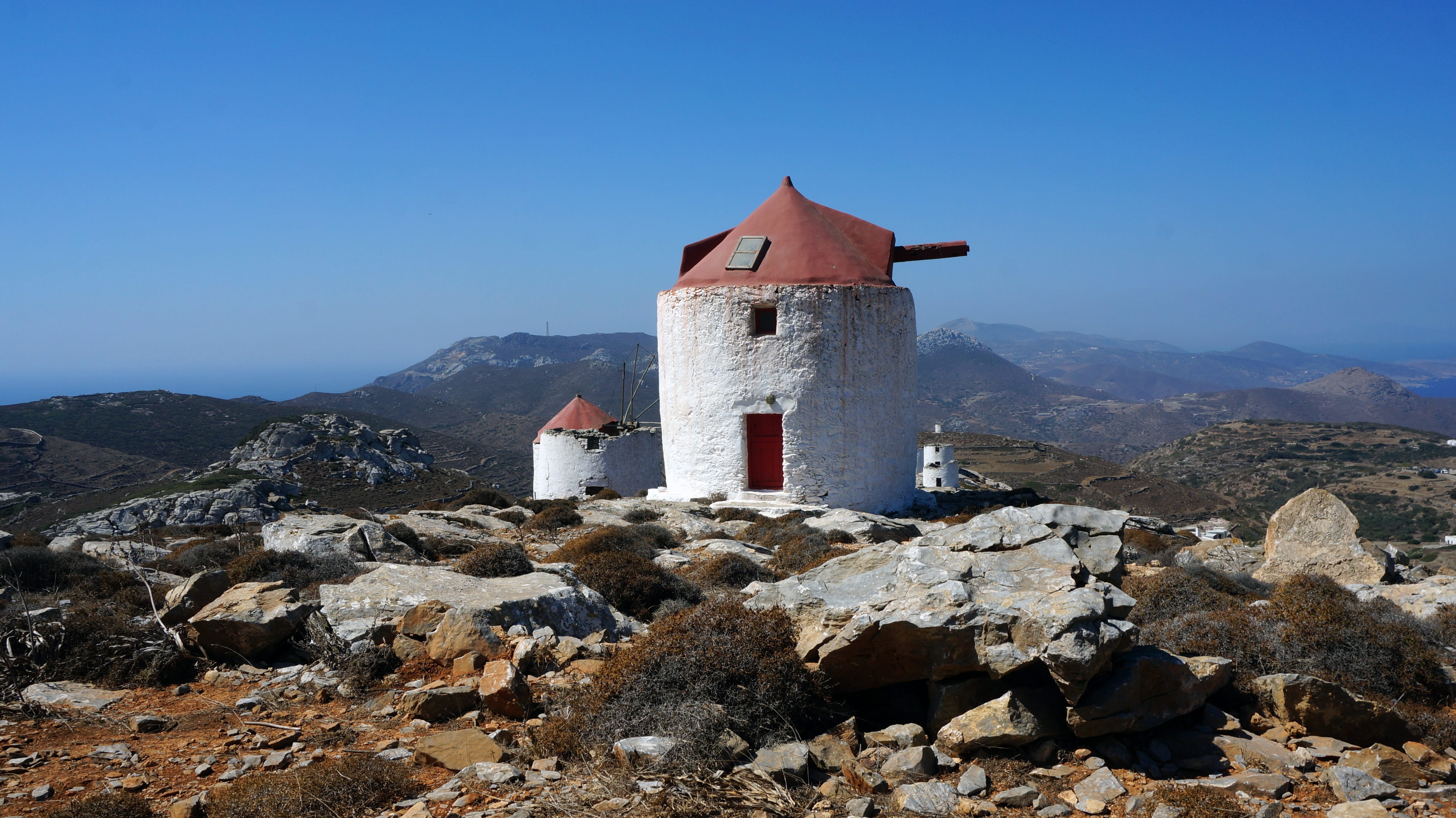 rock, Amorgos, house, clear sky, sky, outdoors, architecture, Greece, blue sky, environment, mountain, Island, sun, building exterior, blue, travel, solid, HD Wallpaper