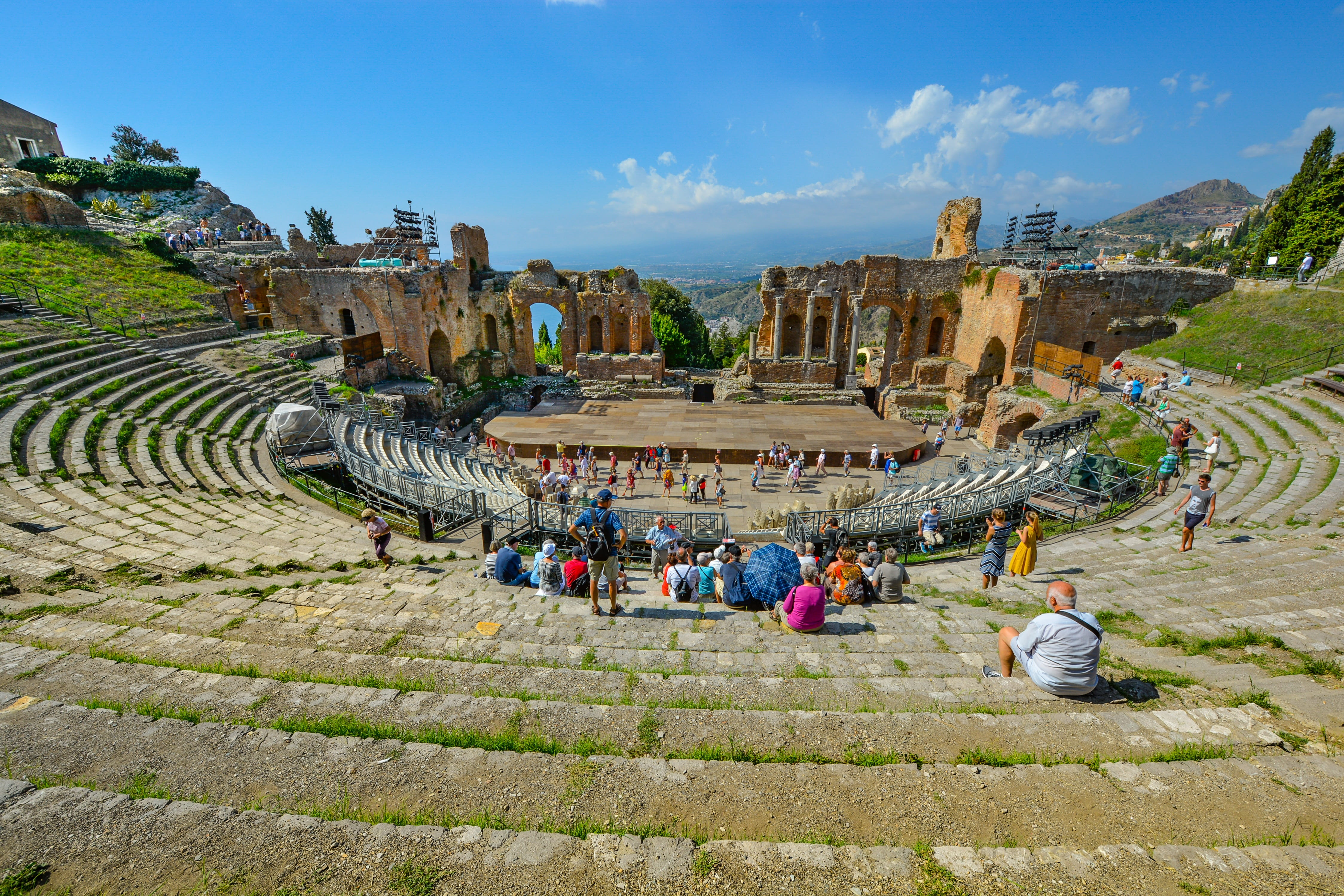 sea, person, tourist, archaeology, religion, cultures, Theatre, sicily, asia, ancient, visit, europe, ancient Civilization, sky, mountain, temple - Building, HD Wallpaper