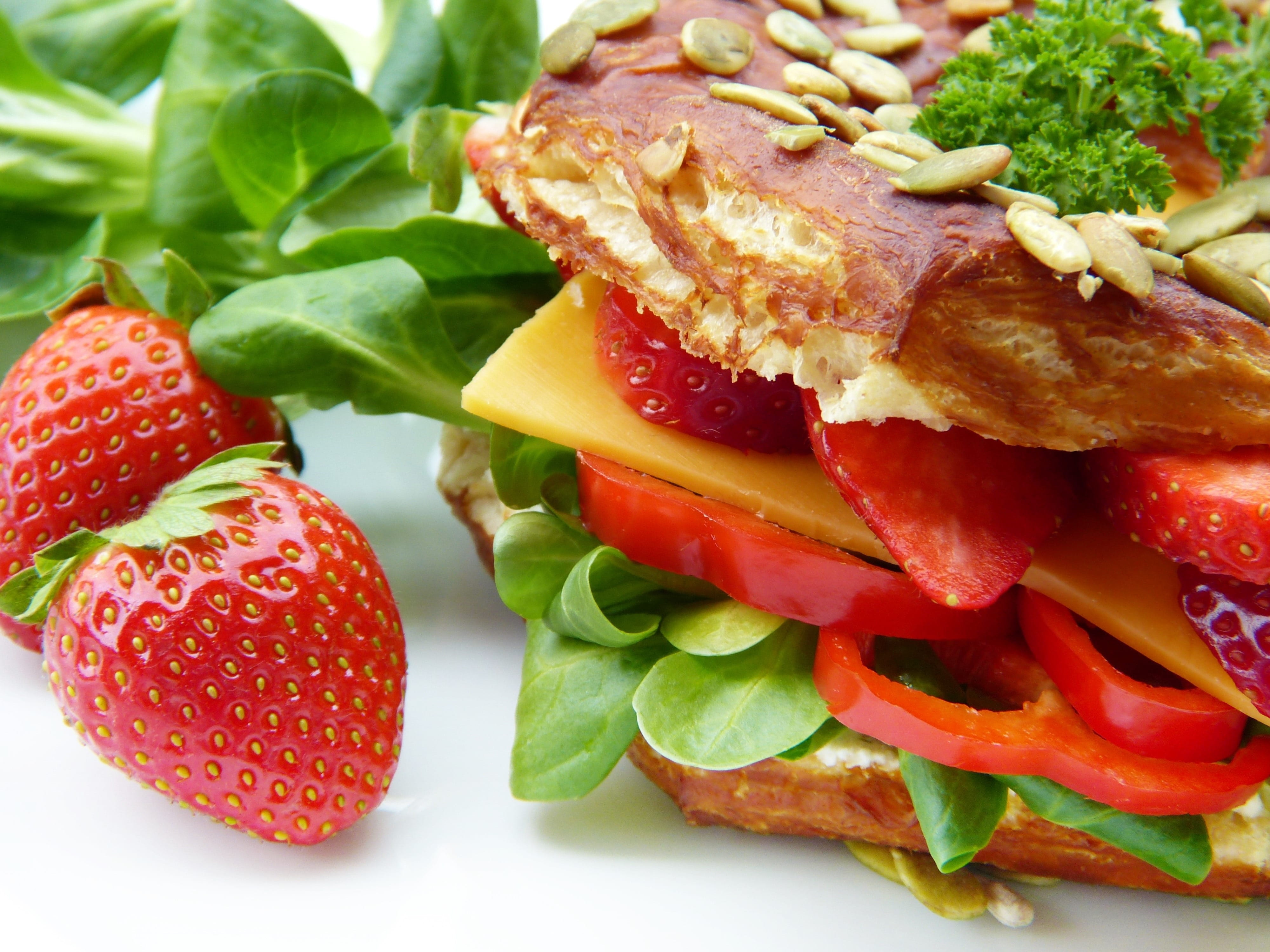 indoors, meat, health, bio, freshness, crockery, still life, salad, vegetarian, intestine, strawberries, wellbeing, sandwich, close-up, nutrition, food and drink, HD Wallpaper