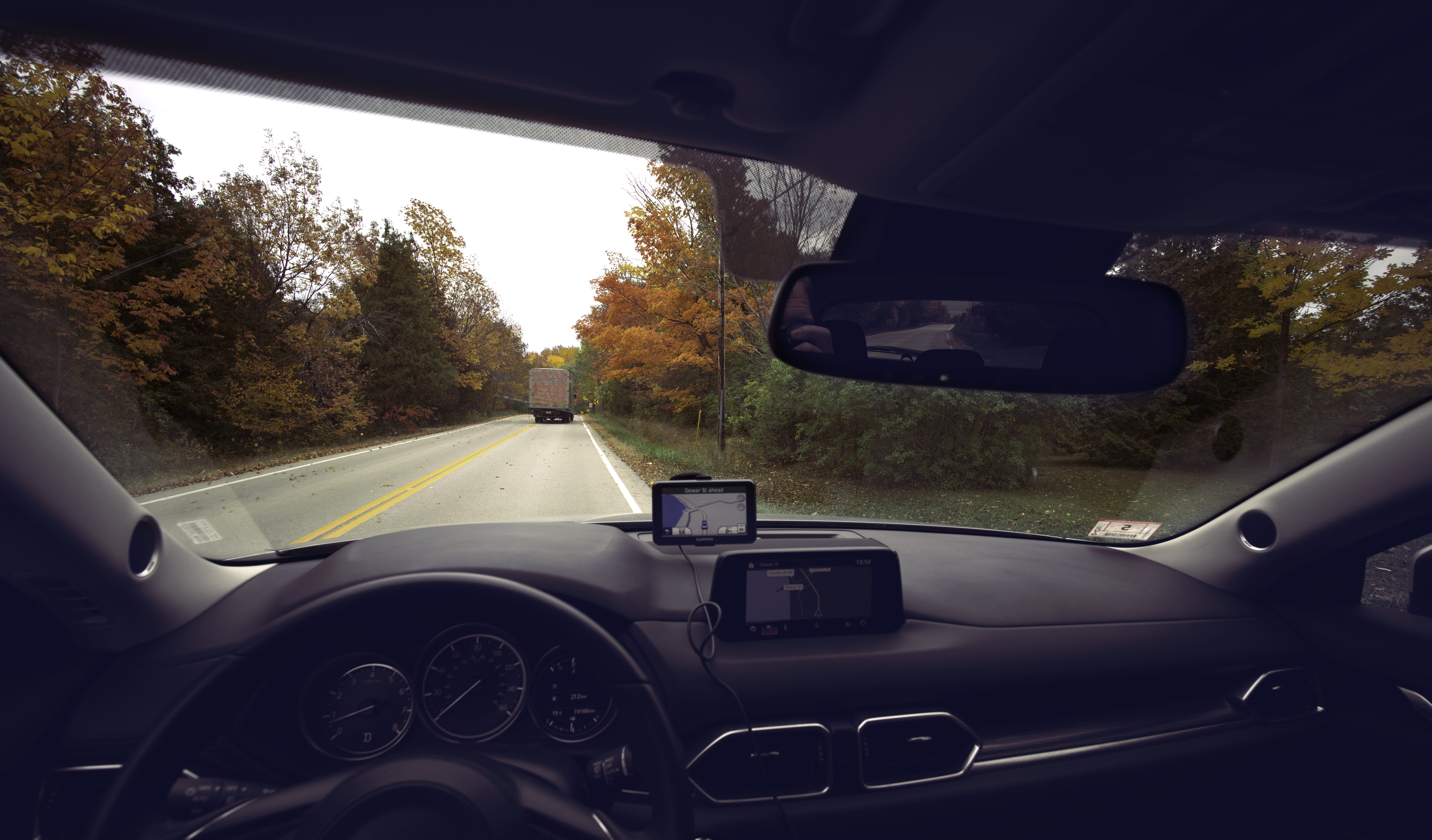 mode of transportation, land vehicle, fall, interior, vehicle interior, no people, nature, 5K, rear-view mirror, rental, trees, motor vehicle, day, car interior, HD Wallpaper