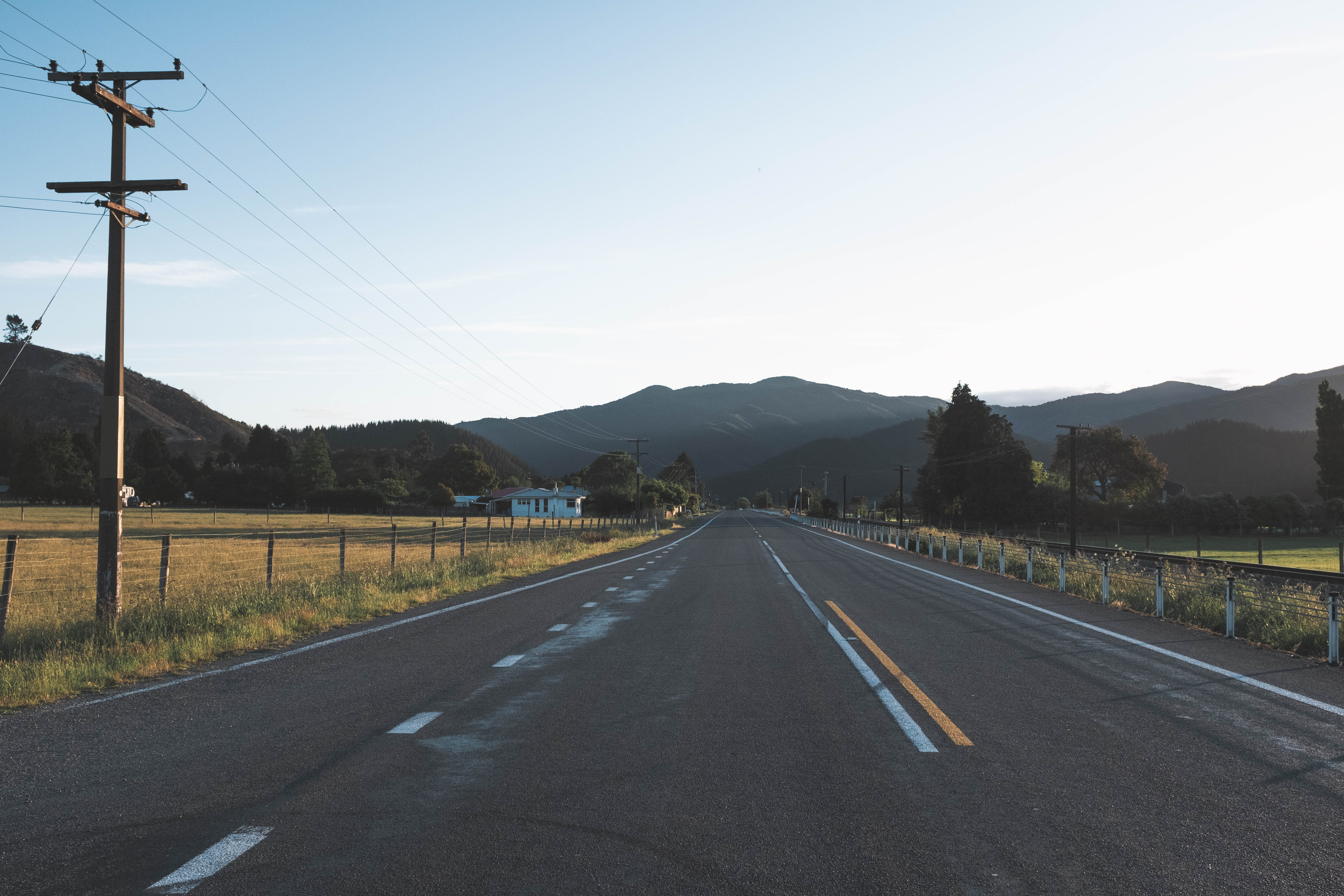 road, the way forward, transportation, 5K, utility pole, building, cable, direction, new zealand, housing, apparel, highway, clothing, clear sky, guard rail, HD Wallpaper