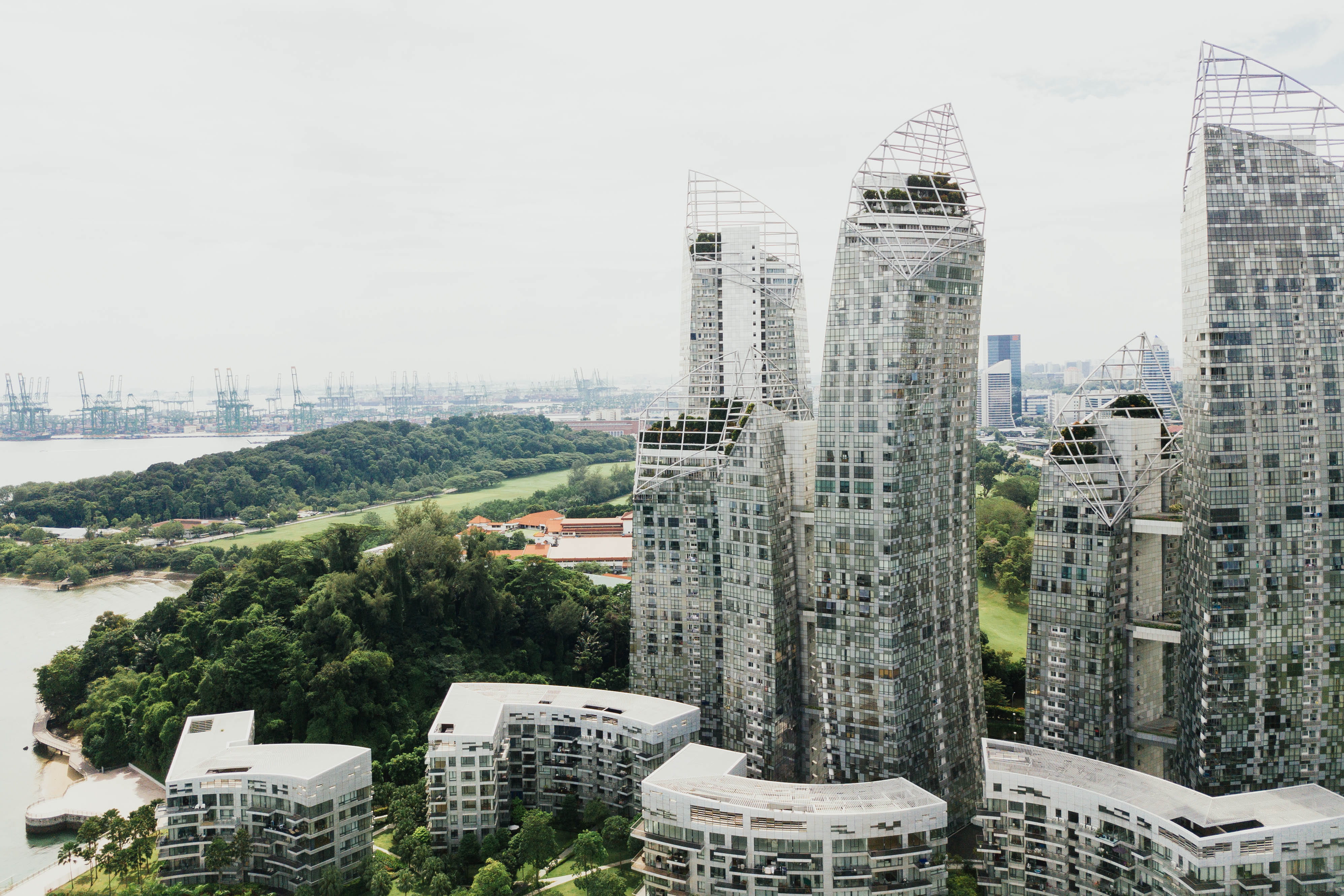 high angle view, building exterior, building complex, trees, sky, near, 4K, building, metal, gray, tall - high, nature, built structure, tower, plant, HD Wallpaper