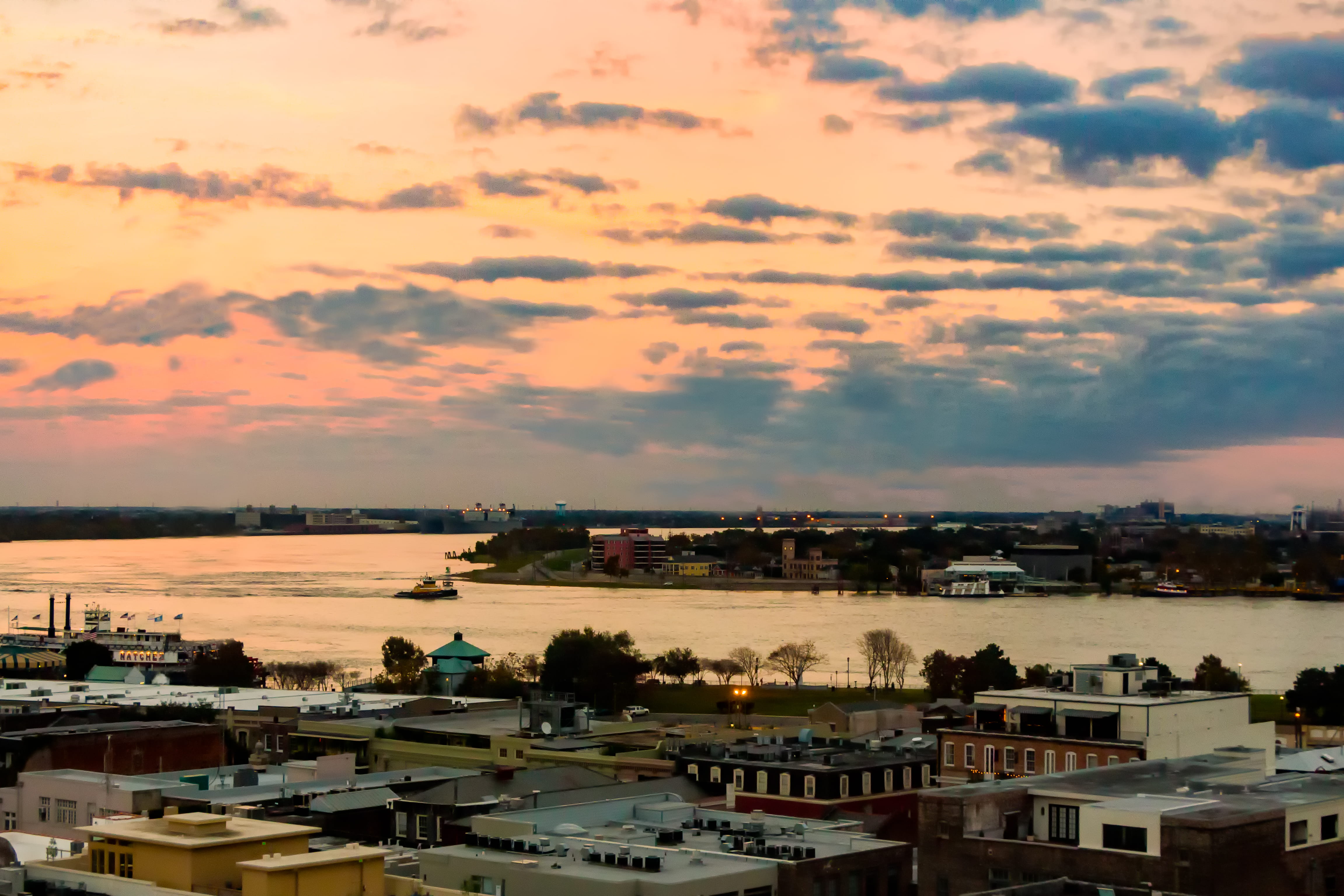 louisiana, city, cityscape, harbor, nautical vessel, built structure, sea, sunset, sky, riverboat, no people, buildings, beauty in nature, high angle view, HD Wallpaper