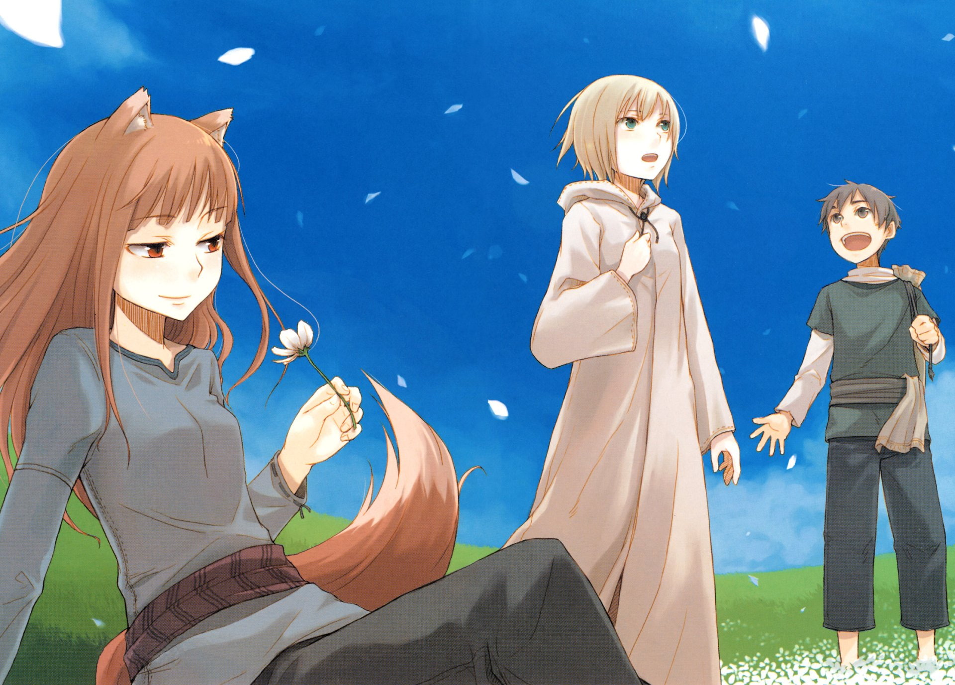 Flower, Black Hair, Long Hair, Boy, people, adult, blue, costume, mother, girls, boys, smiling, Grass, childhood, Kemonomimi, standing, Holo (Spice and Wolf), HD Wallpaper