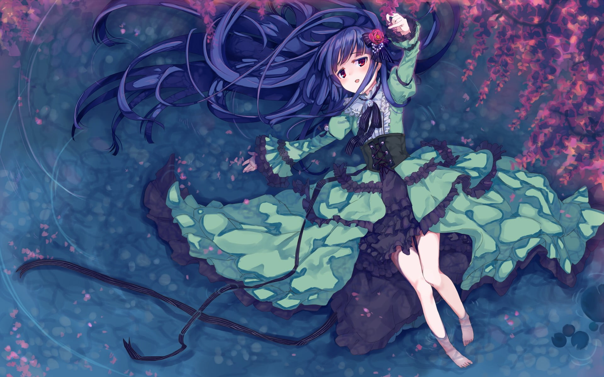 1080P, water, dress, women, lolita fashion, beautiful woman, nature, corset, red eyes, fashion, front view, flowers, long hair, blue hair, females, young adult, HD Wallpaper