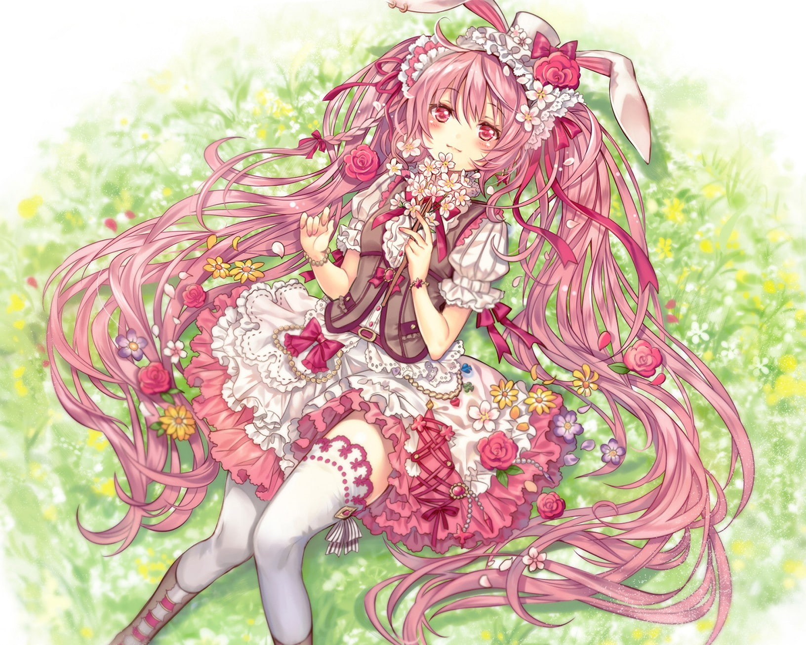 lolita, highs, 720P, dress, anime girls, thigh, ears, anime, thigh-highs, girls, lolita fashion, fashion, bunny, 1632x1306, bunny ears, HD Wallpaper