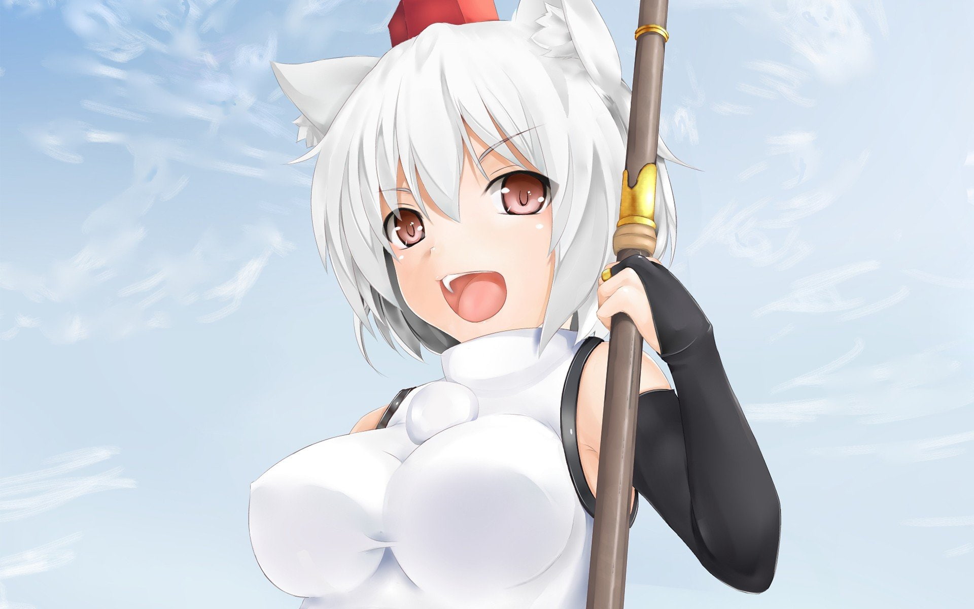 blush, gloves, shoulders, bare, 1080P, mouth, eyes, white, open, ears, girls, hair, animal, polearm, red, inubashiri, touhou, anime, momiji, HD Wallpaper