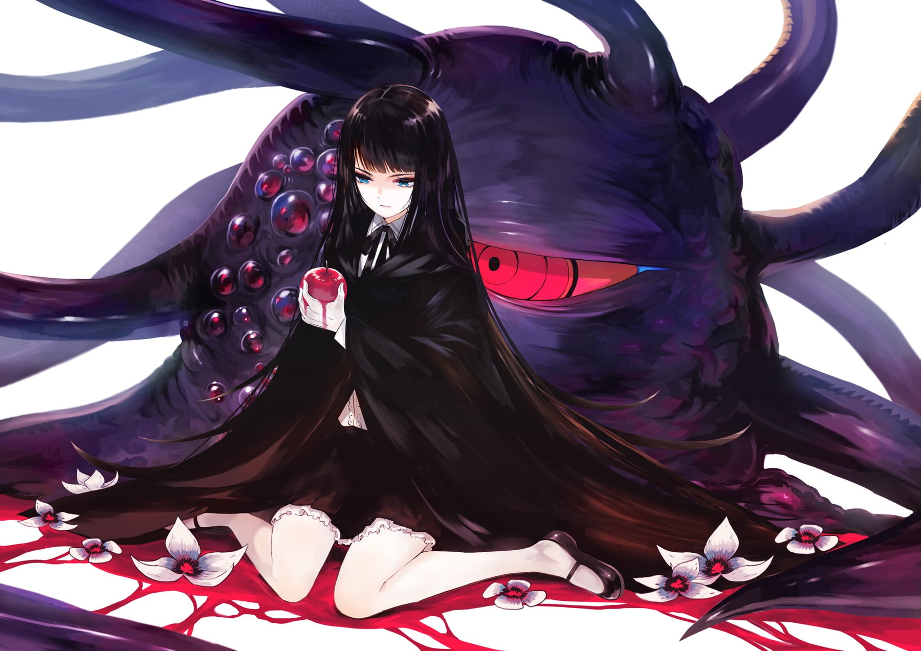 720P, black dress, blood, black hair, apples, long hair, lolita, Gothic, HD Wallpaper