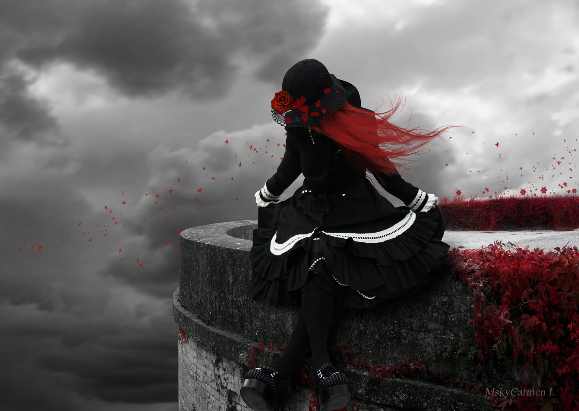 Lolita, flowers, girl, Girls, petals, Anine, Dark, Gothic, fantasy, 1080P, HD Wallpaper