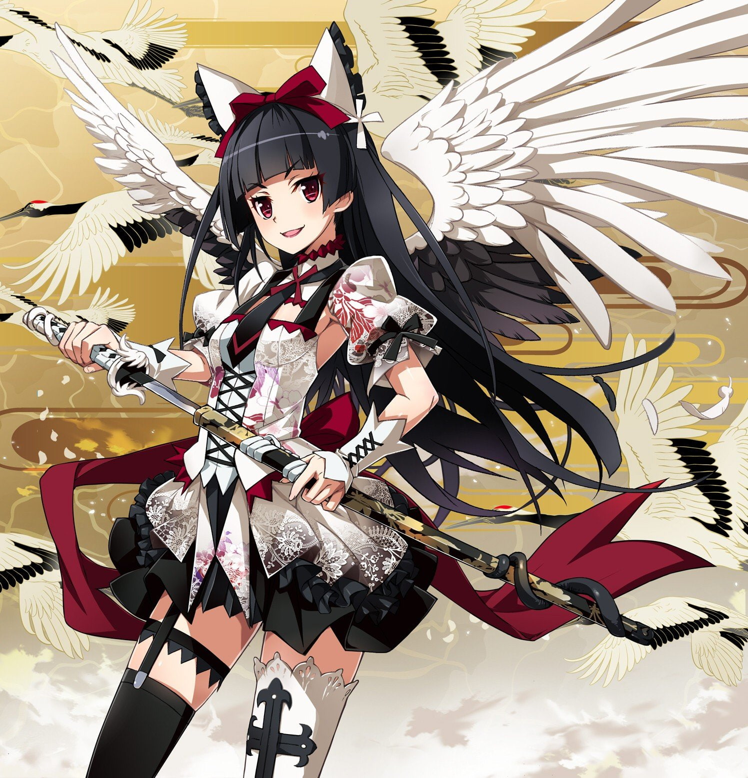 Tie, Black Hair, wings, 720P, Rory Mercury, stockings, thigh, Headdress, Simple Background, highs, Gothic lolita, Lolita Fashion, sword, Gate: Jieitai Kanochi Nite Kaku Tatakaeri, Phone HD Wallpaper