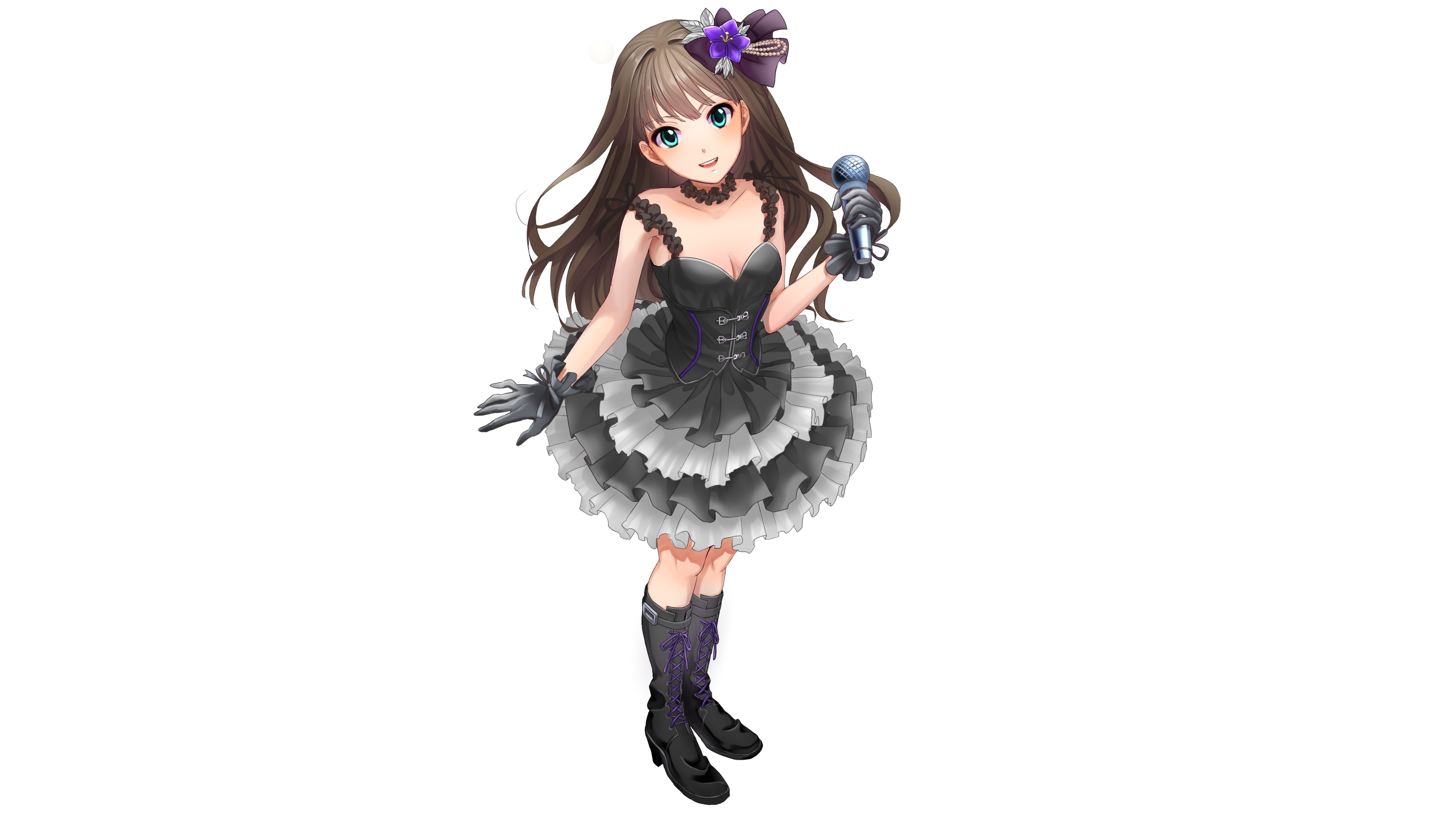 front view, gloves, long hair, ribbon, indoors, happiness, lolita dress, Anime, one person, studio shot, mic, gothic, young adult, full length, hairstyle, HD Wallpaper