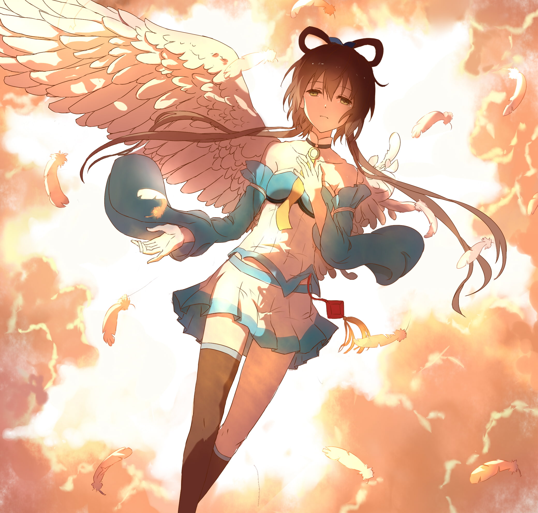 art, lan thu, girl, feathers, wings, luo tianyi, 1080P, clouds, anime, the sky, vocaloid, HD Wallpaper