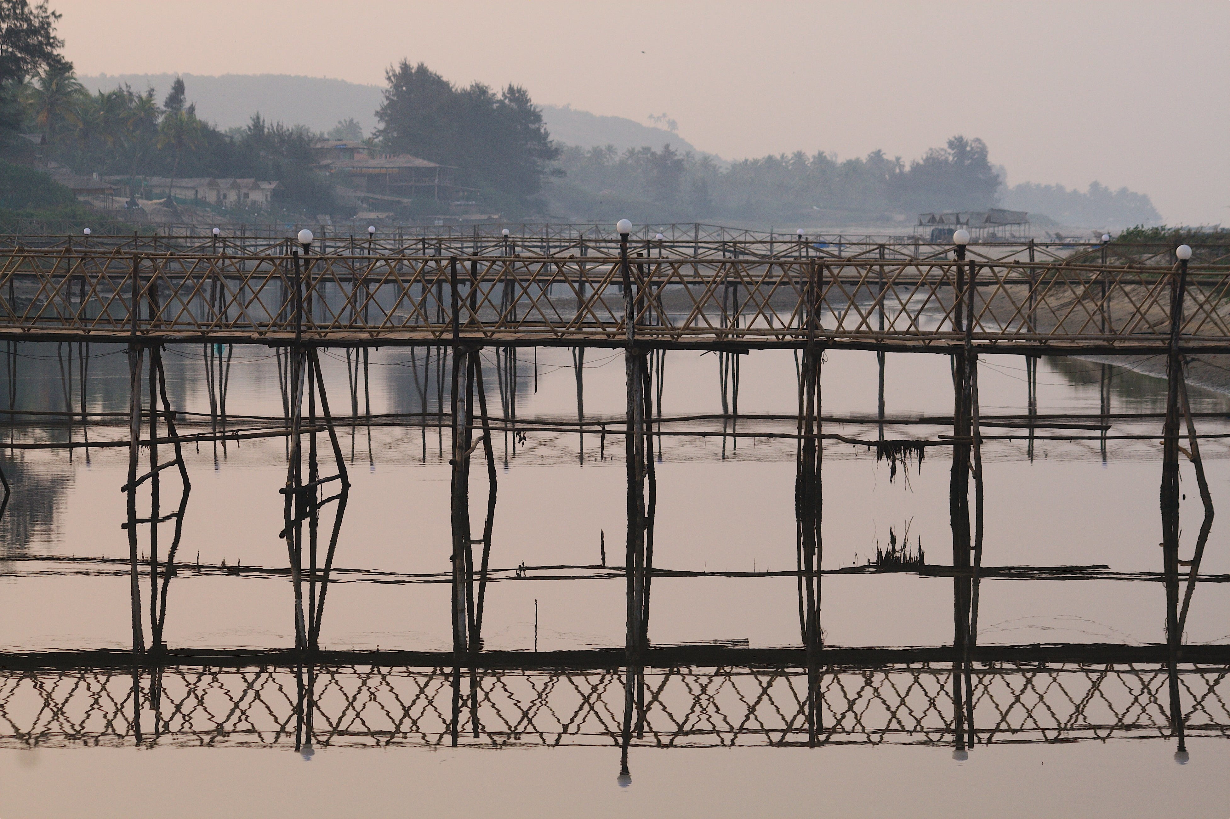 ocean, aerial perspective, reflection, no people, goa, hills, horizon, day, plant, Bamboo, mountains, summer, Wooden Bridge, bridge, tranquility, haze, HD Wallpaper