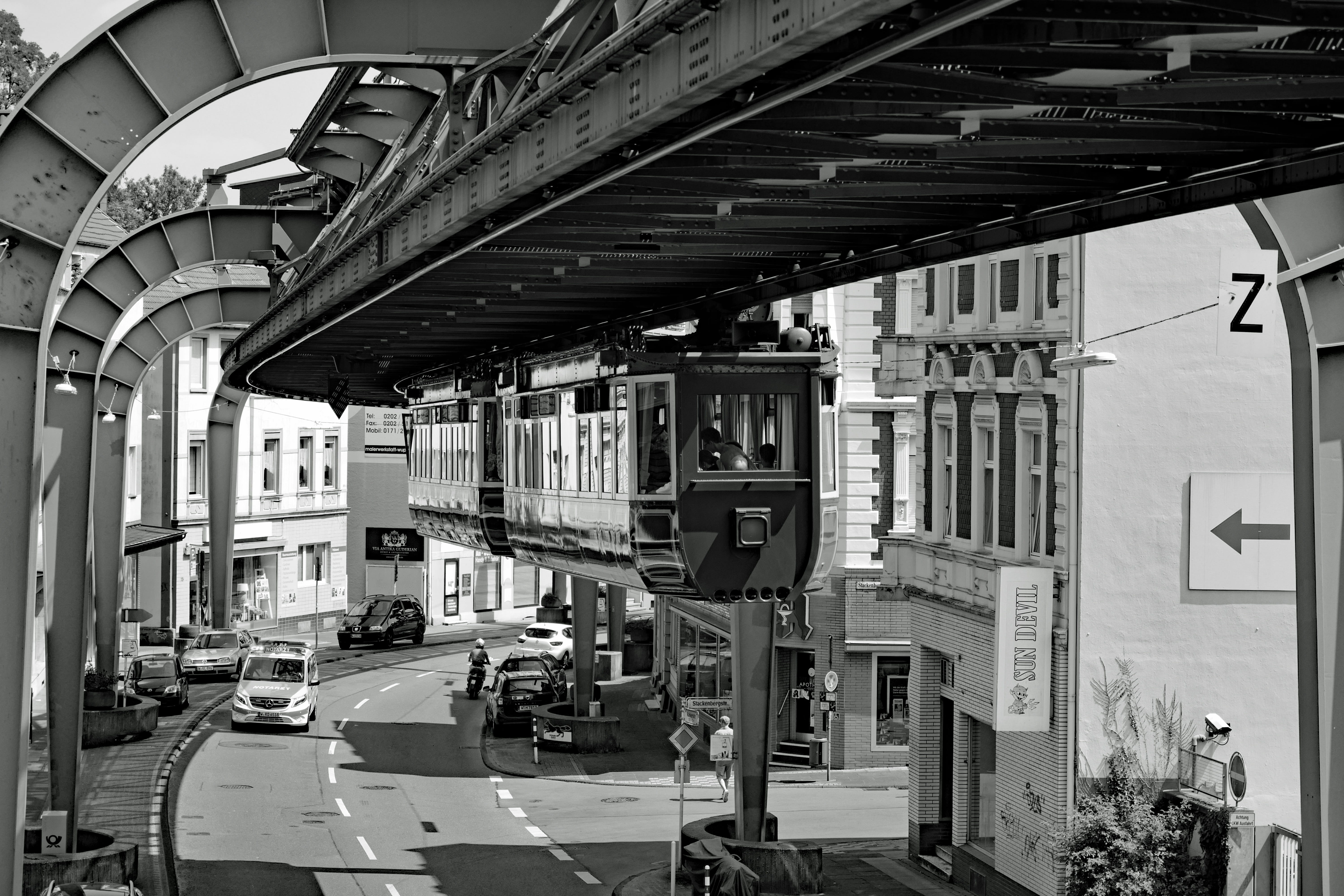 architecture, rail transportation, schwebebahn, connection, road, day, city, communication, viaduct, car, building exterior, wuppertal, technology, sign, HD Wallpaper