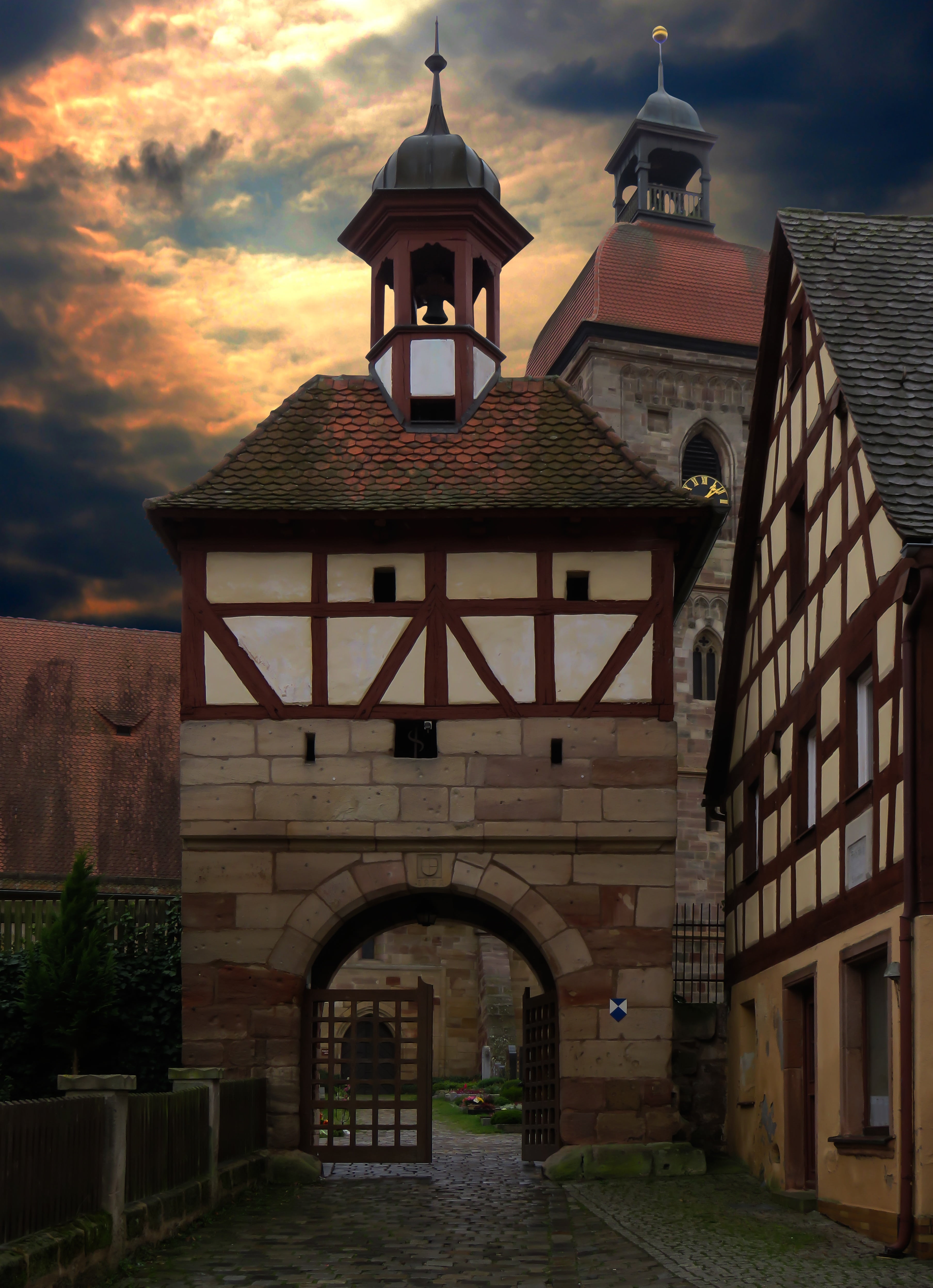 no people, mystical, fachwerkhaus, house, place of worship, 4K, mood, tower, historically, building, outdoors, belief, lighting equipment, steeple, arch, Phone HD Wallpaper