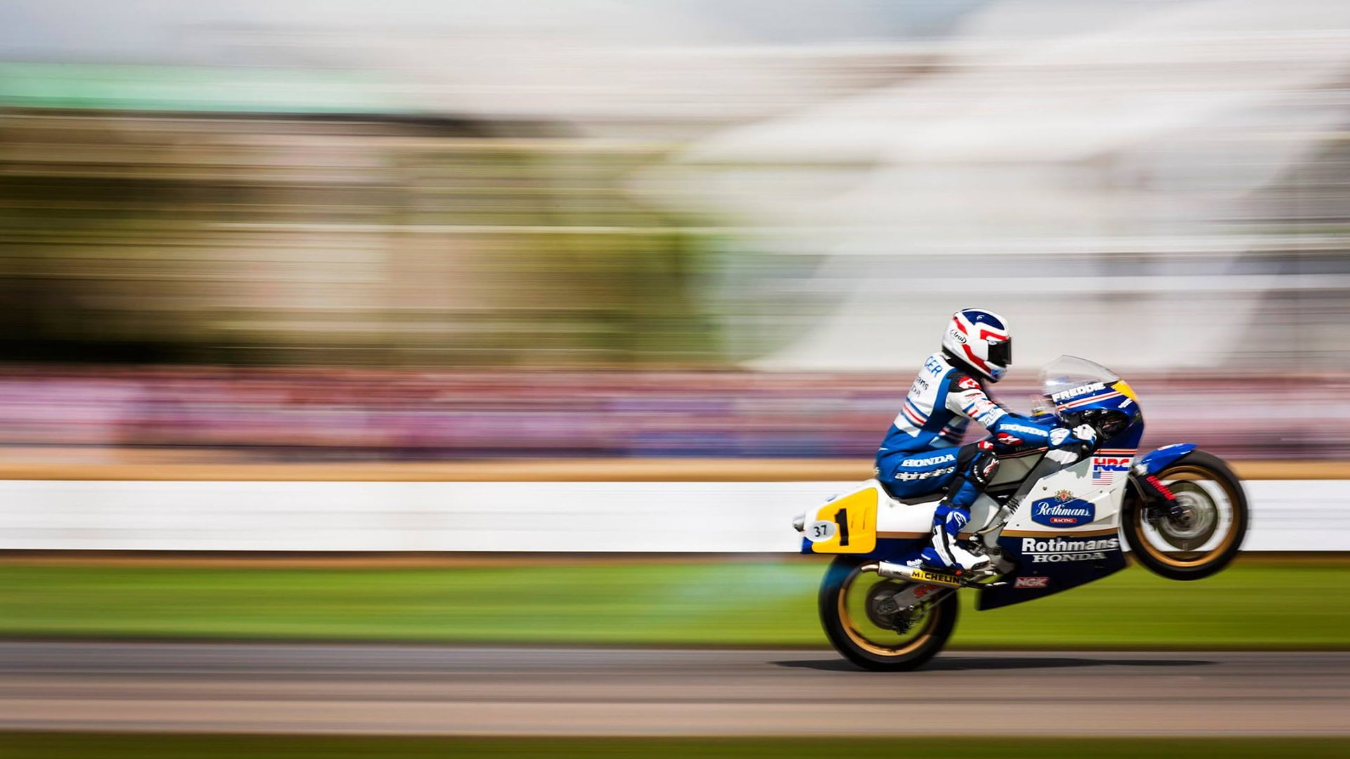 road, land vehicle, sports helmet, Goodwood Festival of Speed, competition, ride, headwear, biker, Honda NR500, mode of transportation, outdoors, 1080P, HD Wallpaper