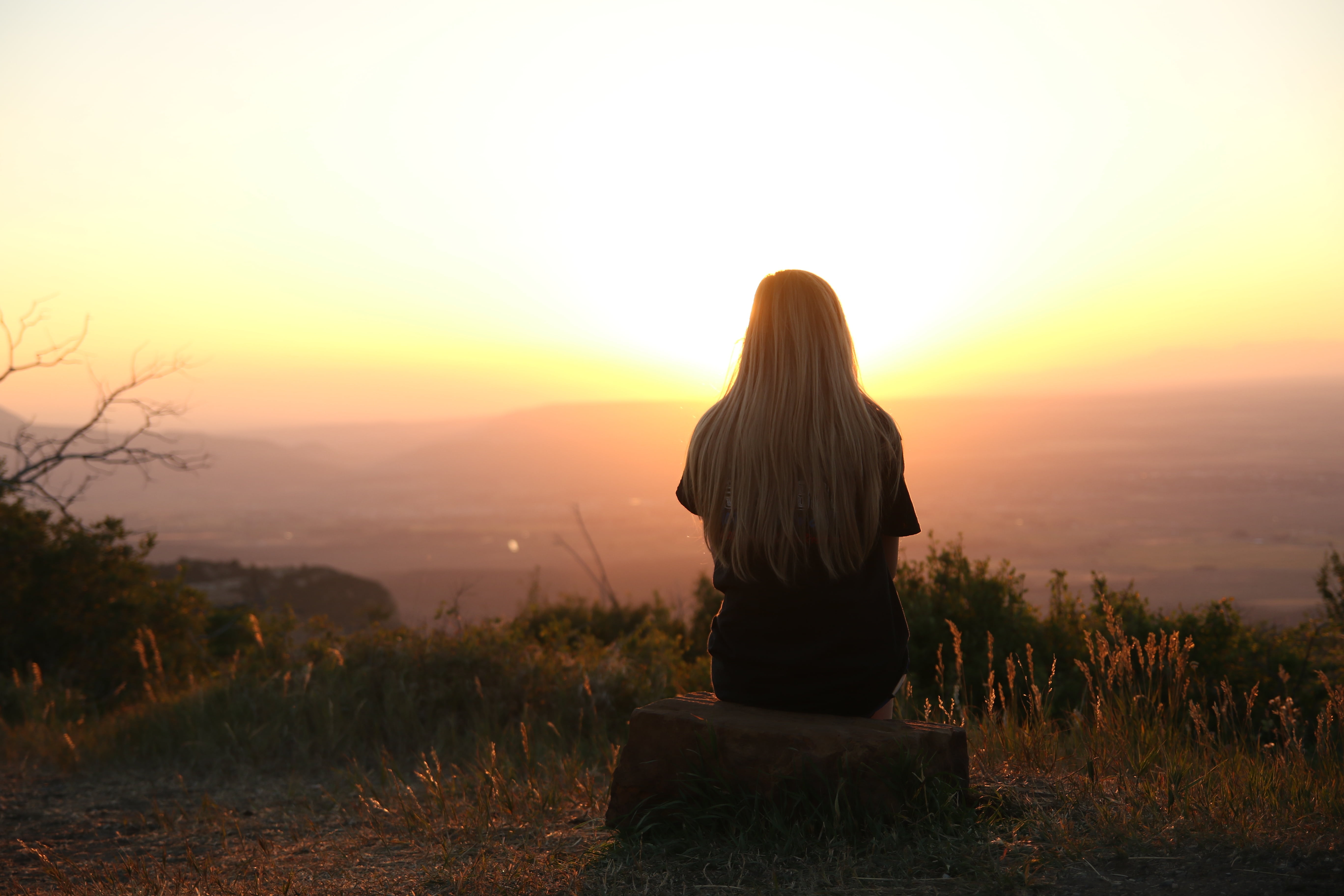 sun, orange color, hair, sunset, rock, field, woman, rear view, lifestyles, plant, women, tranquility, facing, real people, female, imagination, hairstyle, HD Wallpaper