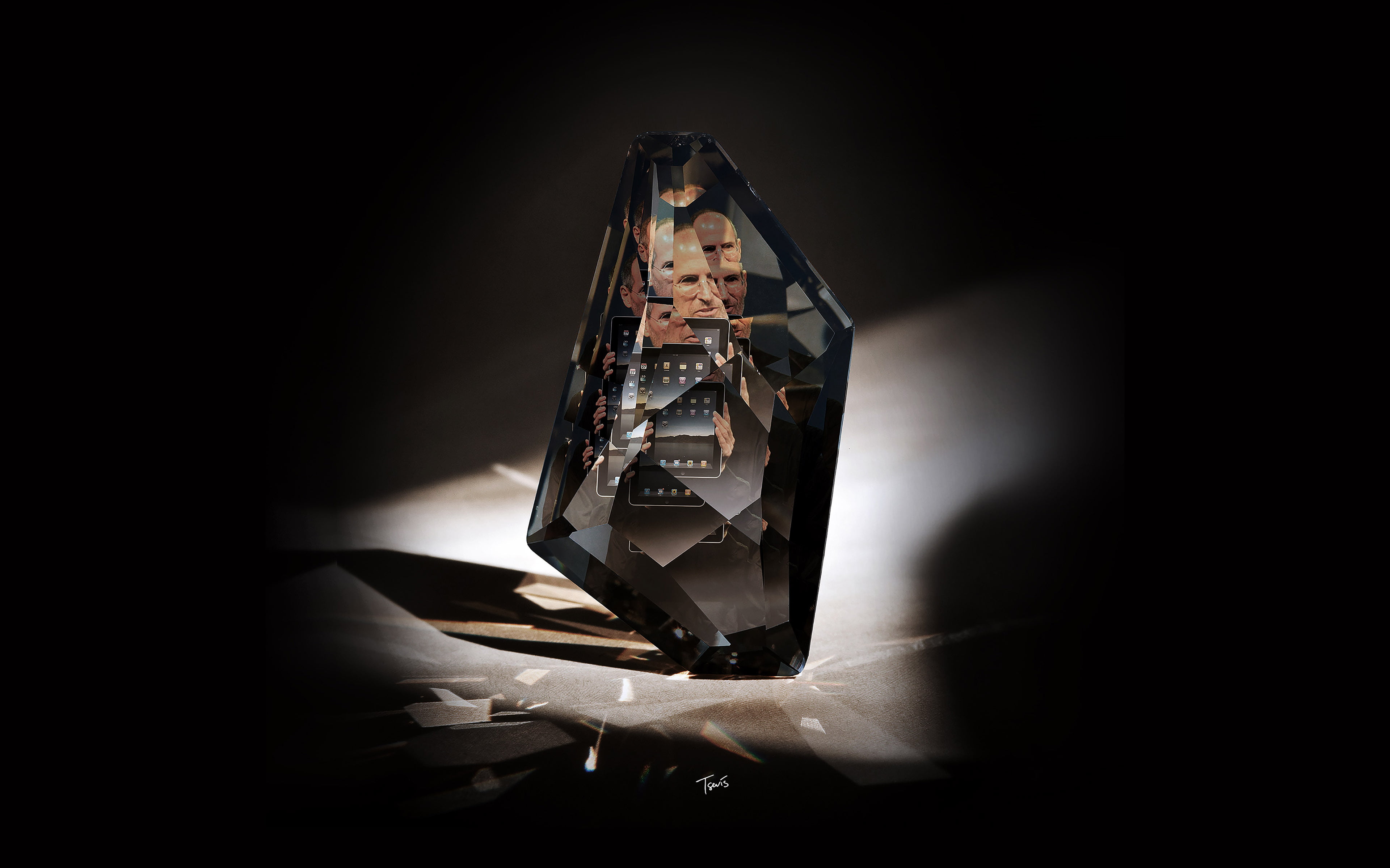 ios8, light - natural phenomenon, diamond, one person, human hand, hand, jobs, copy space, close-up, 4K, crystal, black background, apple, steve, spotlight, HD Wallpaper