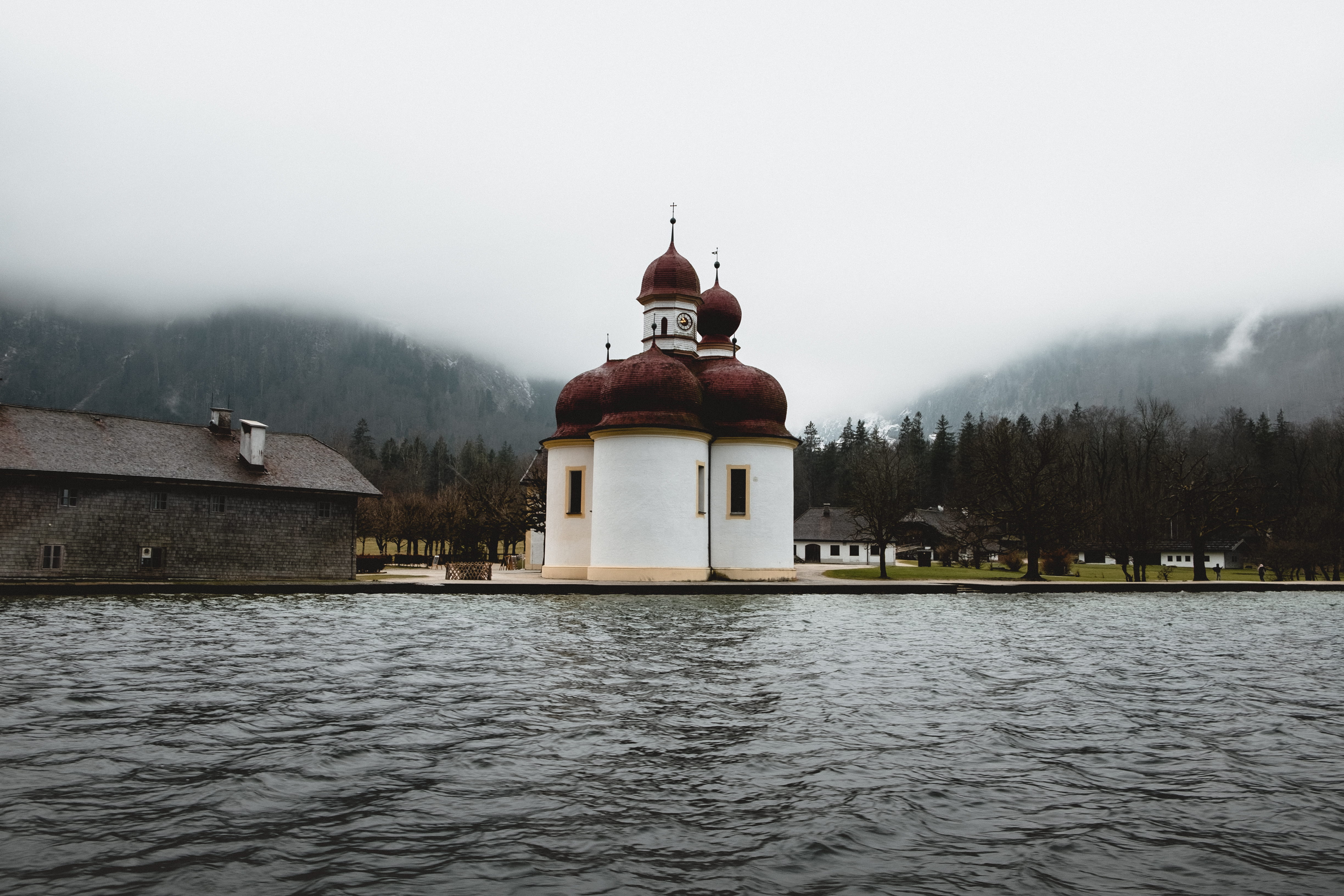 dome, built structure, place of worship, painted, mountains, sky, fog, water, waterfront, plant, mystical, spire, building, church, religion, germany, lake, HD Wallpaper