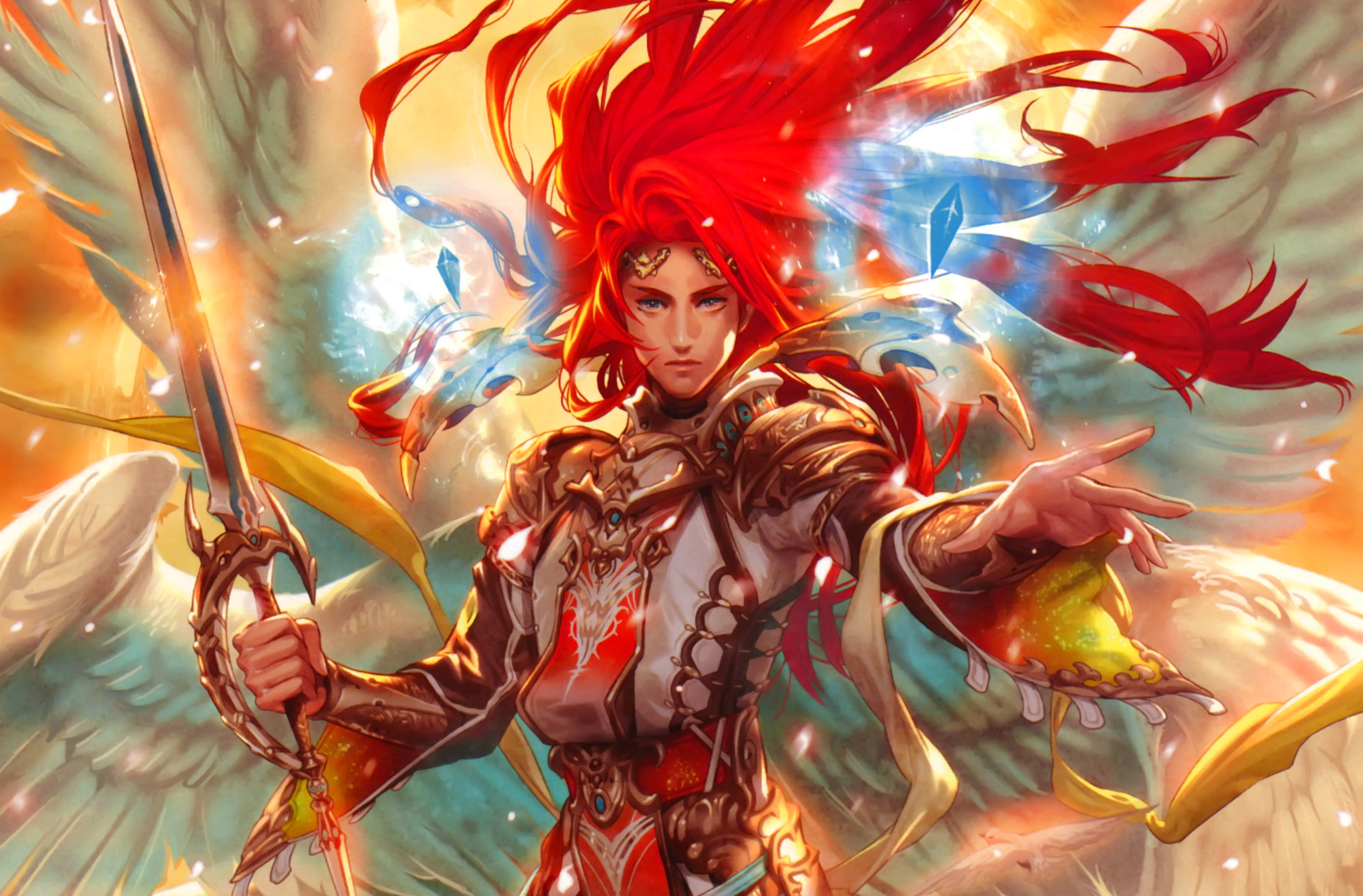 fantasy, angels, 2K, prince, armor, girls, red, wings, hair, magic, swords, HD Wallpaper