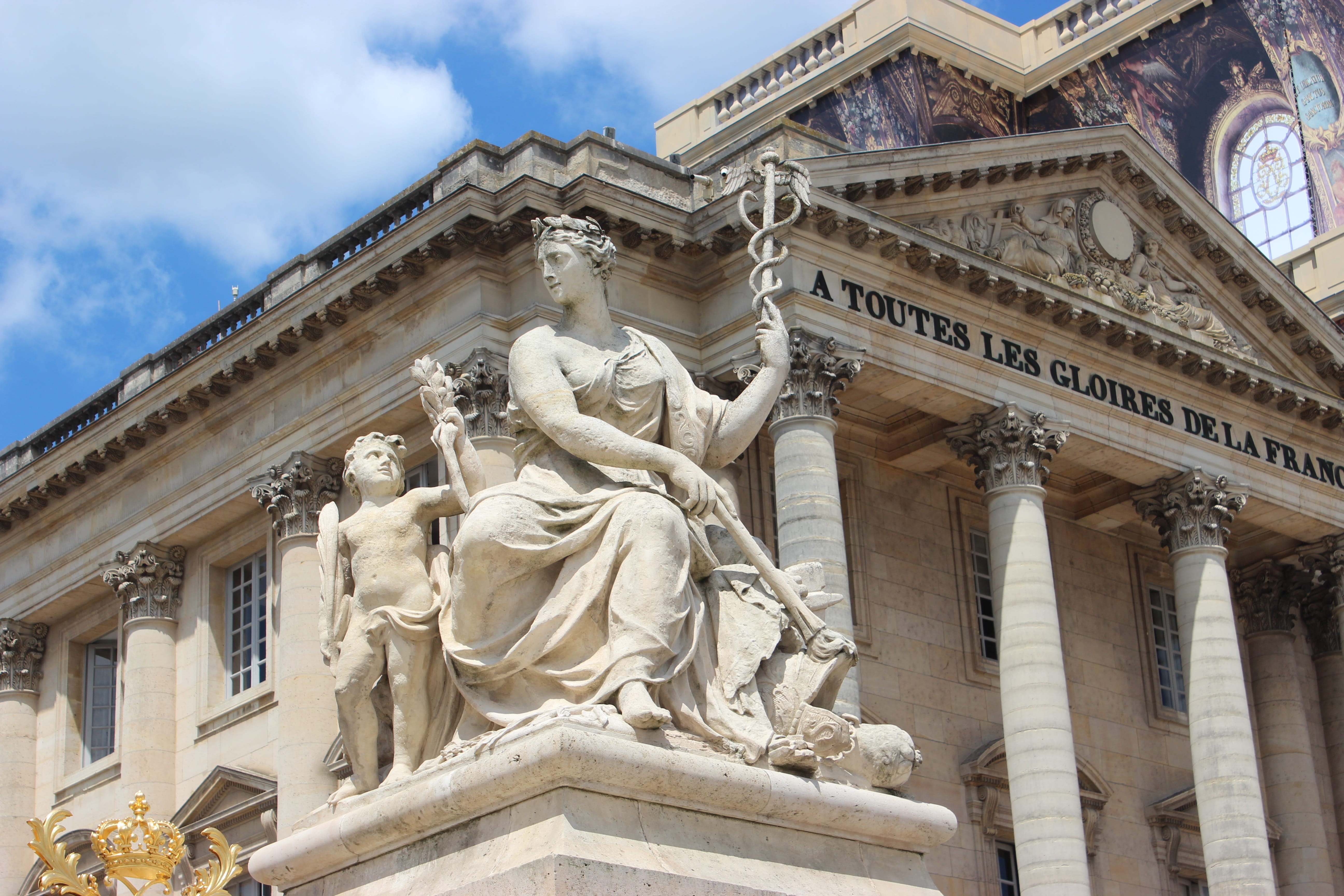 statue, building exterior, low angle view, courthouse, human representation, castle, ornate, france, 5K, day, government, sky, palace, female likeness, HD Wallpaper