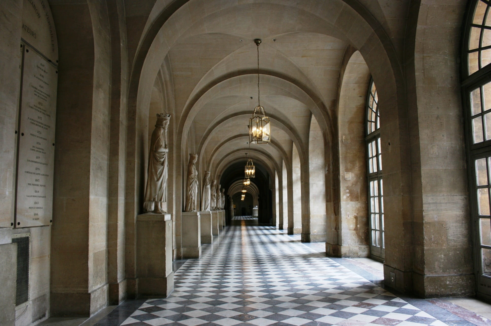no people, in a row, built structure, diminishing perspective, the past, architecture, france, corridor, empty, ceiling, palace of versailles, colonnade, HD Wallpaper