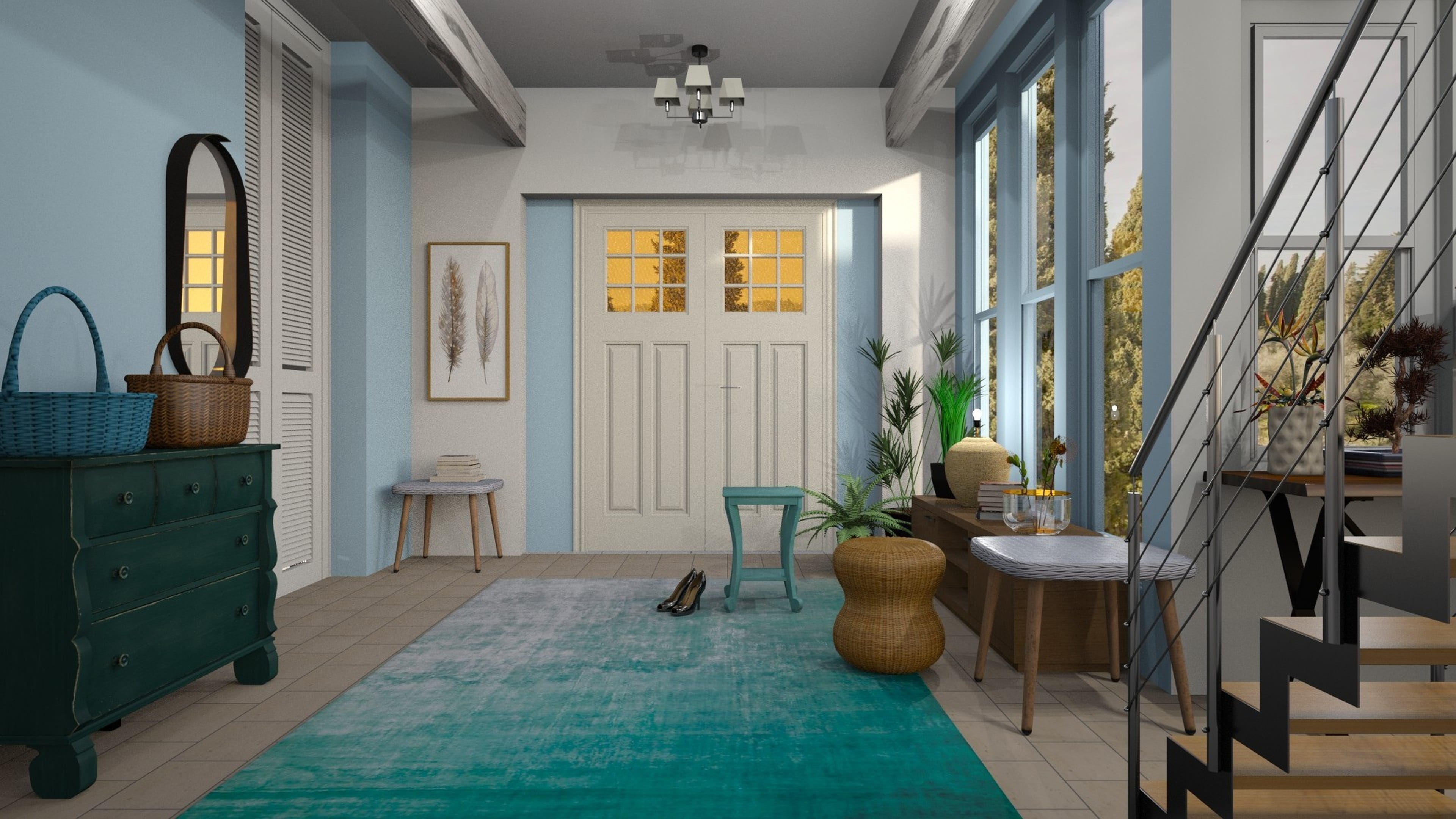 blue, absence, day, vestibule, chest of drawers, seat, home showcase interior, domestic life, chandelier, window, home interior, electric lamp, flooring, HD Wallpaper