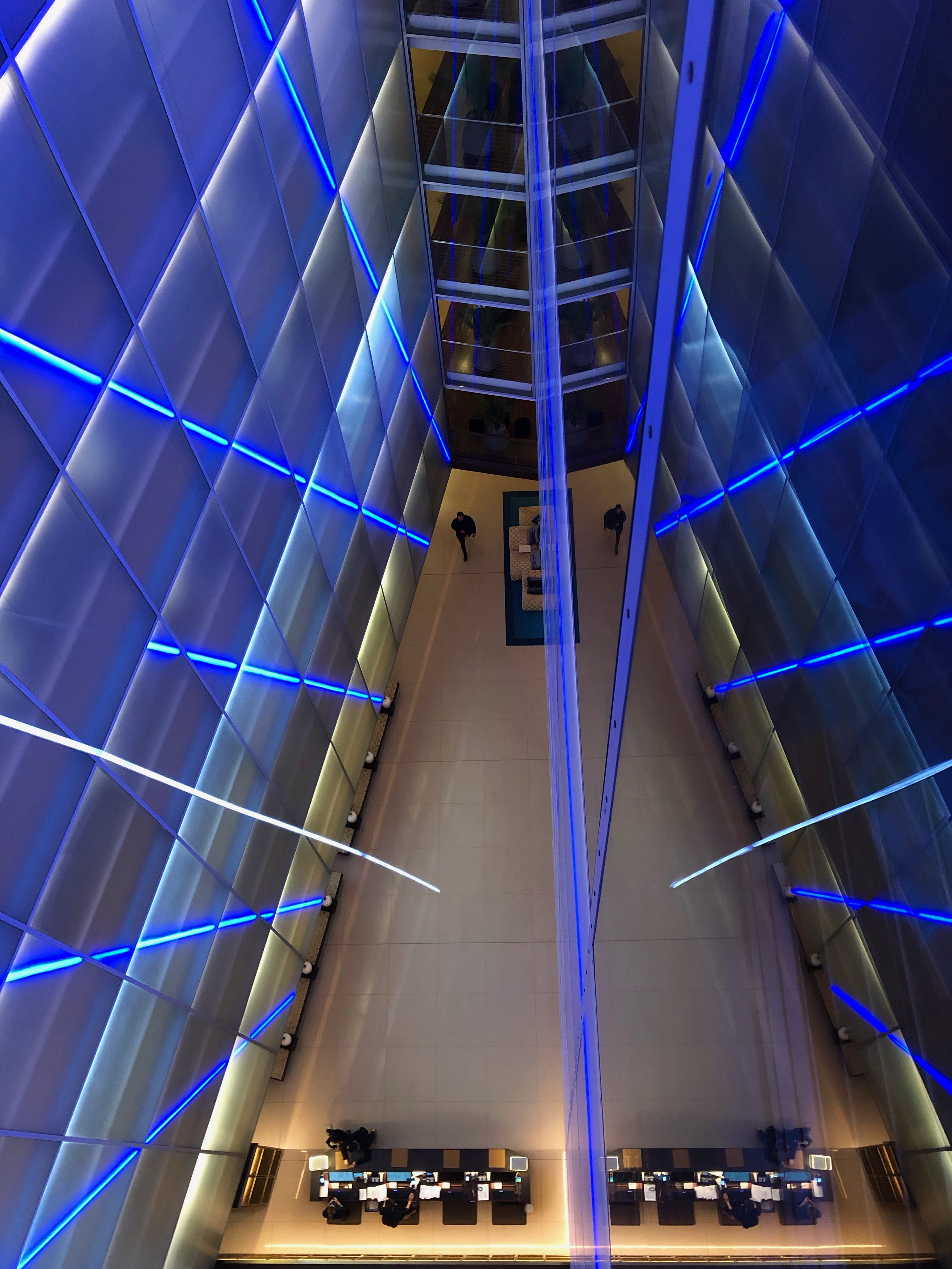 mirroring, indoors, light, glass, 4K, ceiling, architecture, modern, no people, purple, reflection, illuminated, transportation, glass facade, space, high angle view, Phone HD Wallpaper