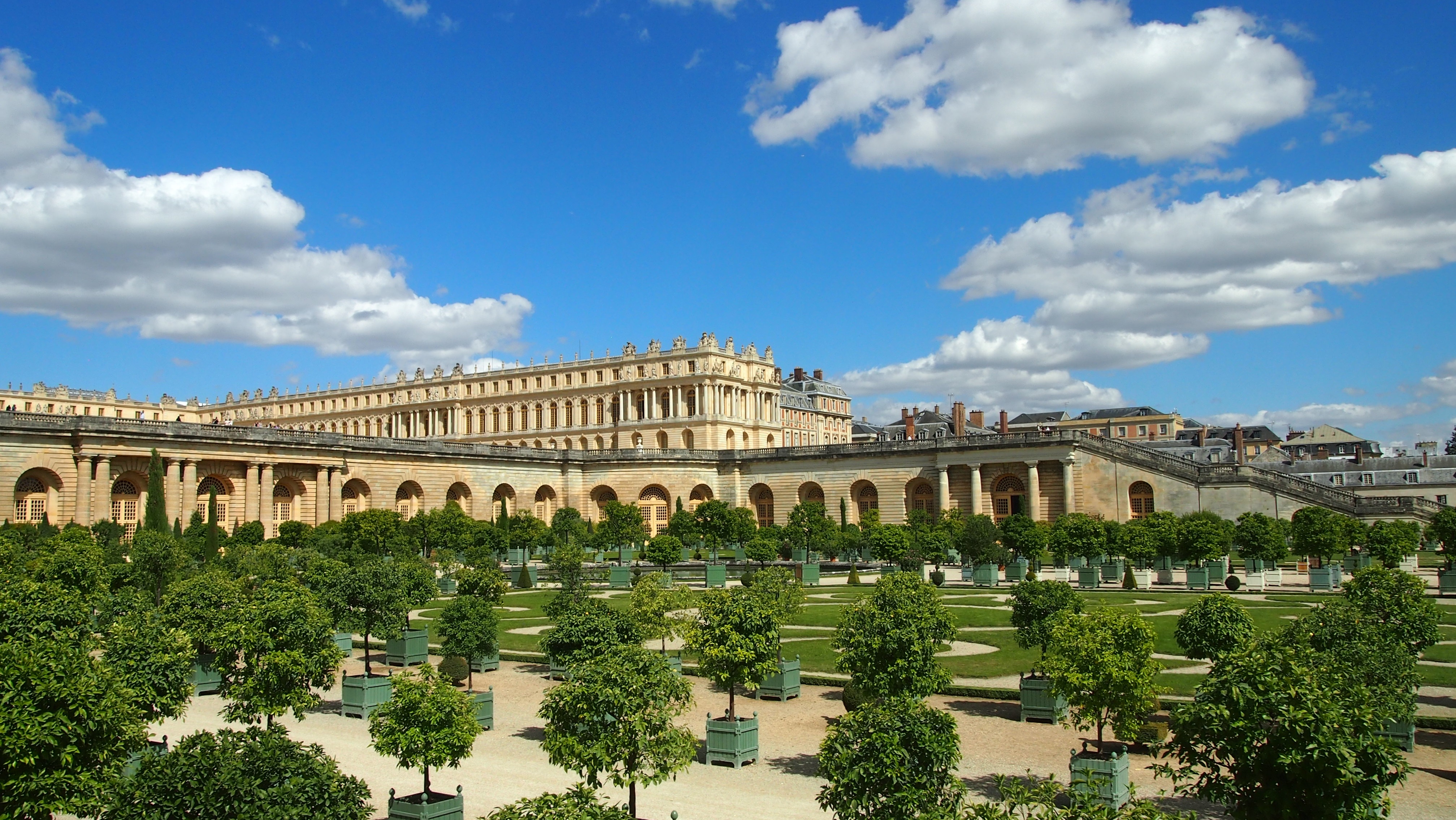 sky, blue, castle, cloudy, 4K, built structure, history, tourism, plant, concrete, building exterior, outdoors, tree, city, cloud - sky, building, garden, HD Wallpaper