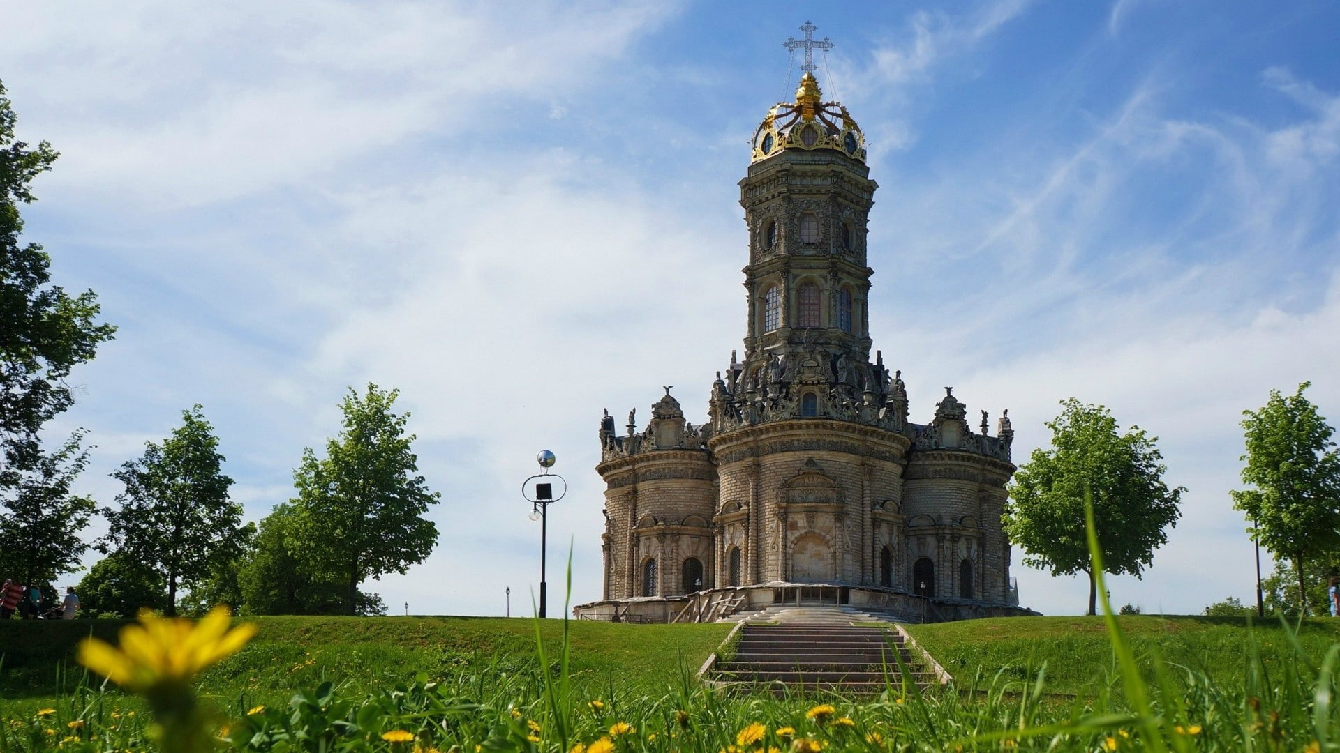 hills, sky, place of worship, history, cloud - sky, landscape, religion, crown, growth, tree, grass, trees, stairs, temple, building, plant, 1080P, travel, HD Wallpaper