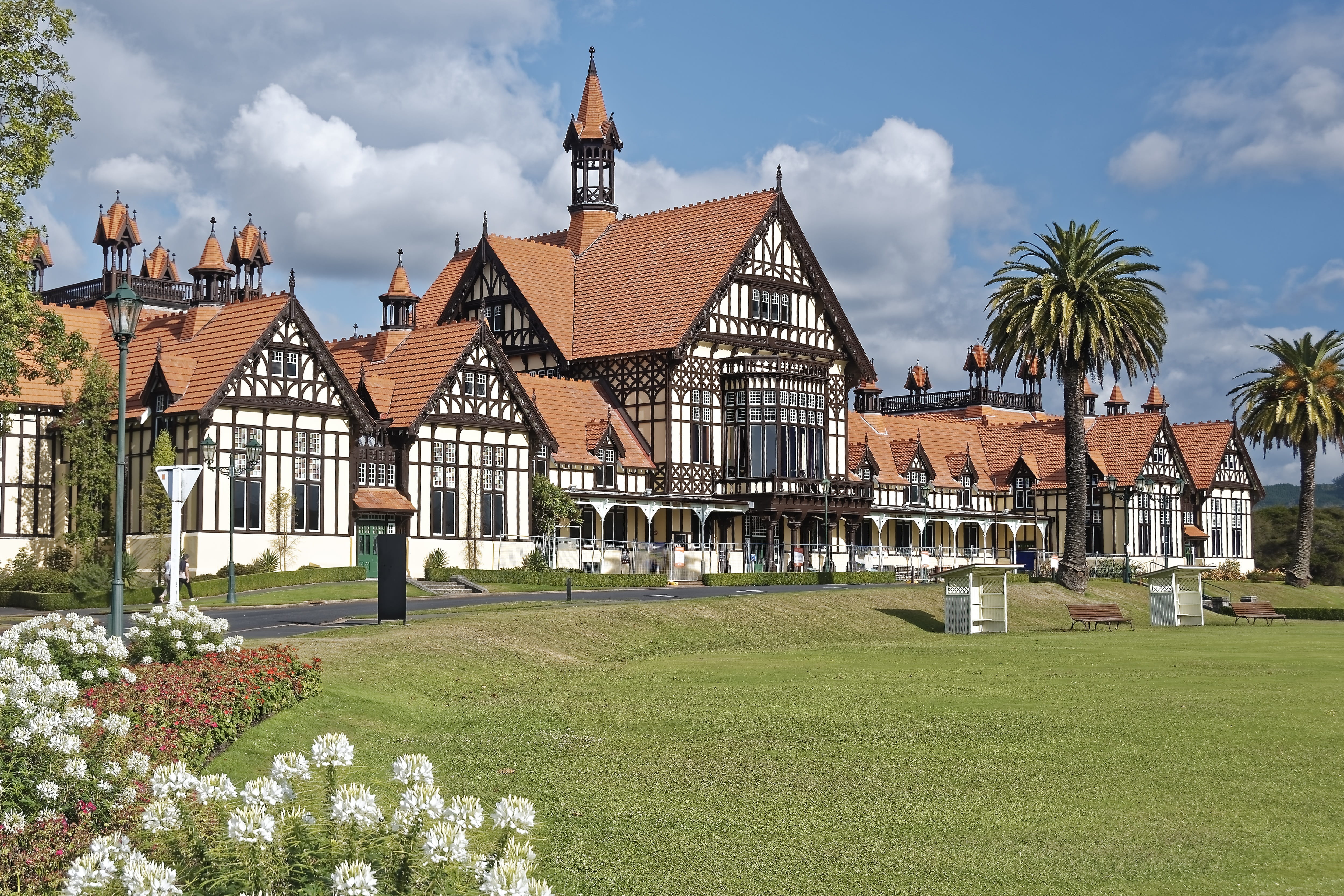 nature, tudor towers, rotorua, outdoors, architecture, tree, no people, plant, city, rush, cloud - sky, green color, grass, building, residential district, HD Wallpaper