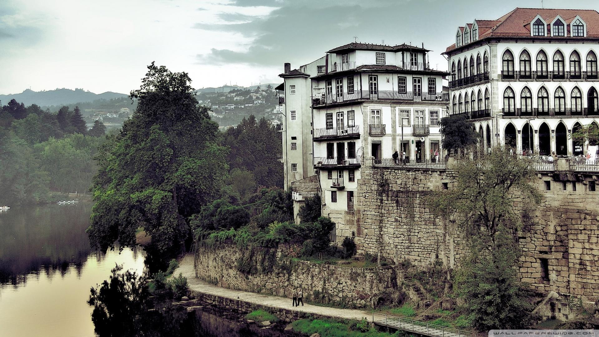 white, city, building, nature and landscapes, walkway, paint, river, people, trees, amarante, concrete, 1080P, portugal, HD Wallpaper