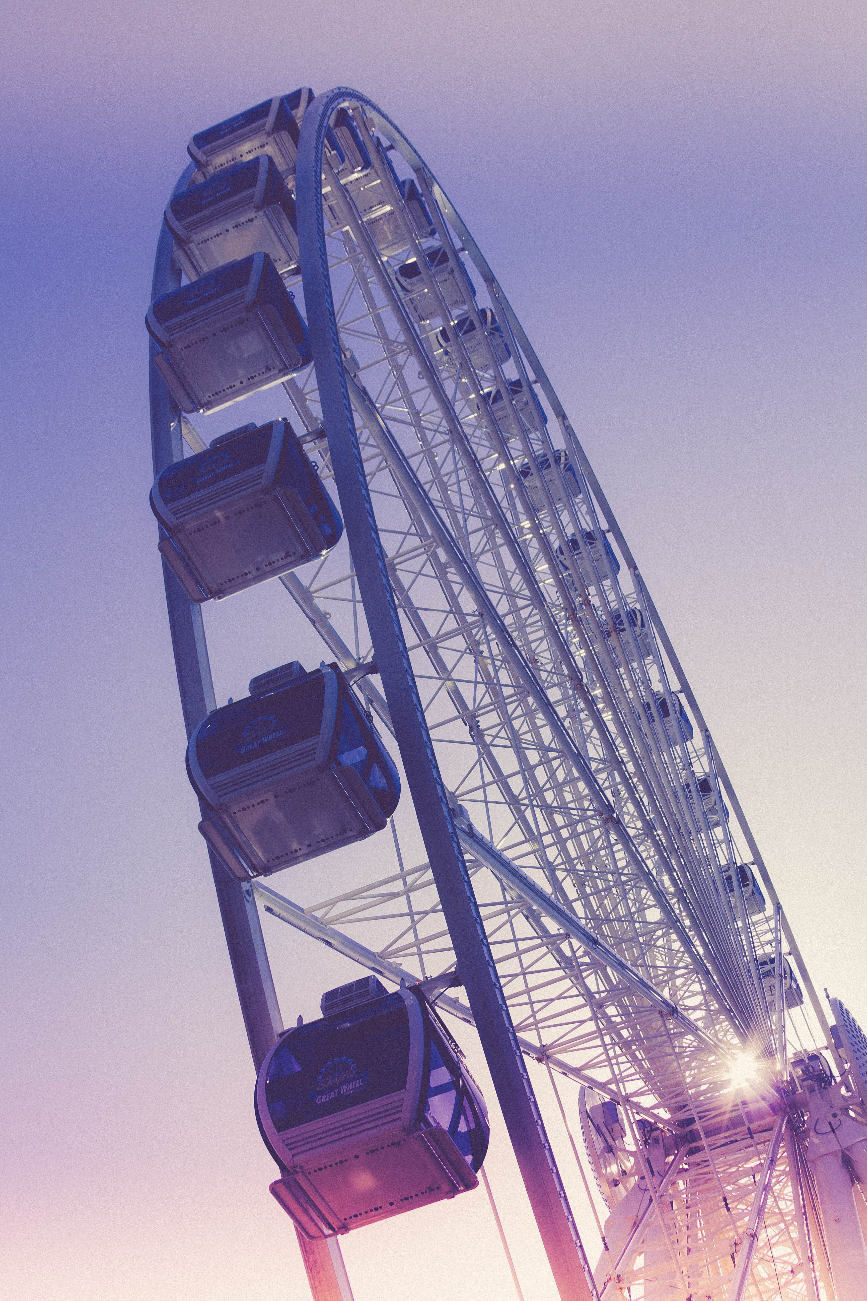 5K, united states, illuminated, great wheel, amusement park, clear sky, travel destinations, low angle view, dusk, outdoors, day, amusement park ride, Phone HD Wallpaper