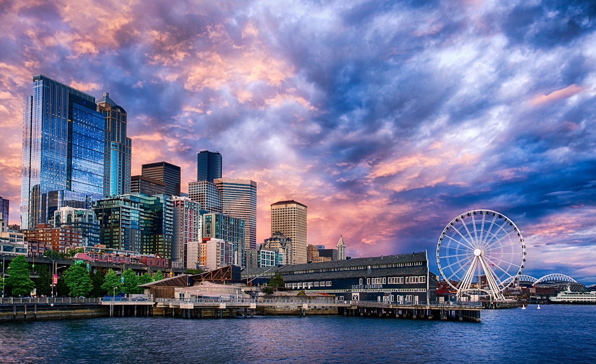 cityscape, seattle, london, United States, 1080P, arts culture and entertainment, urban skyline, cloud - sky, sky, amusement park ride, modern, office building exterior, HD Wallpaper