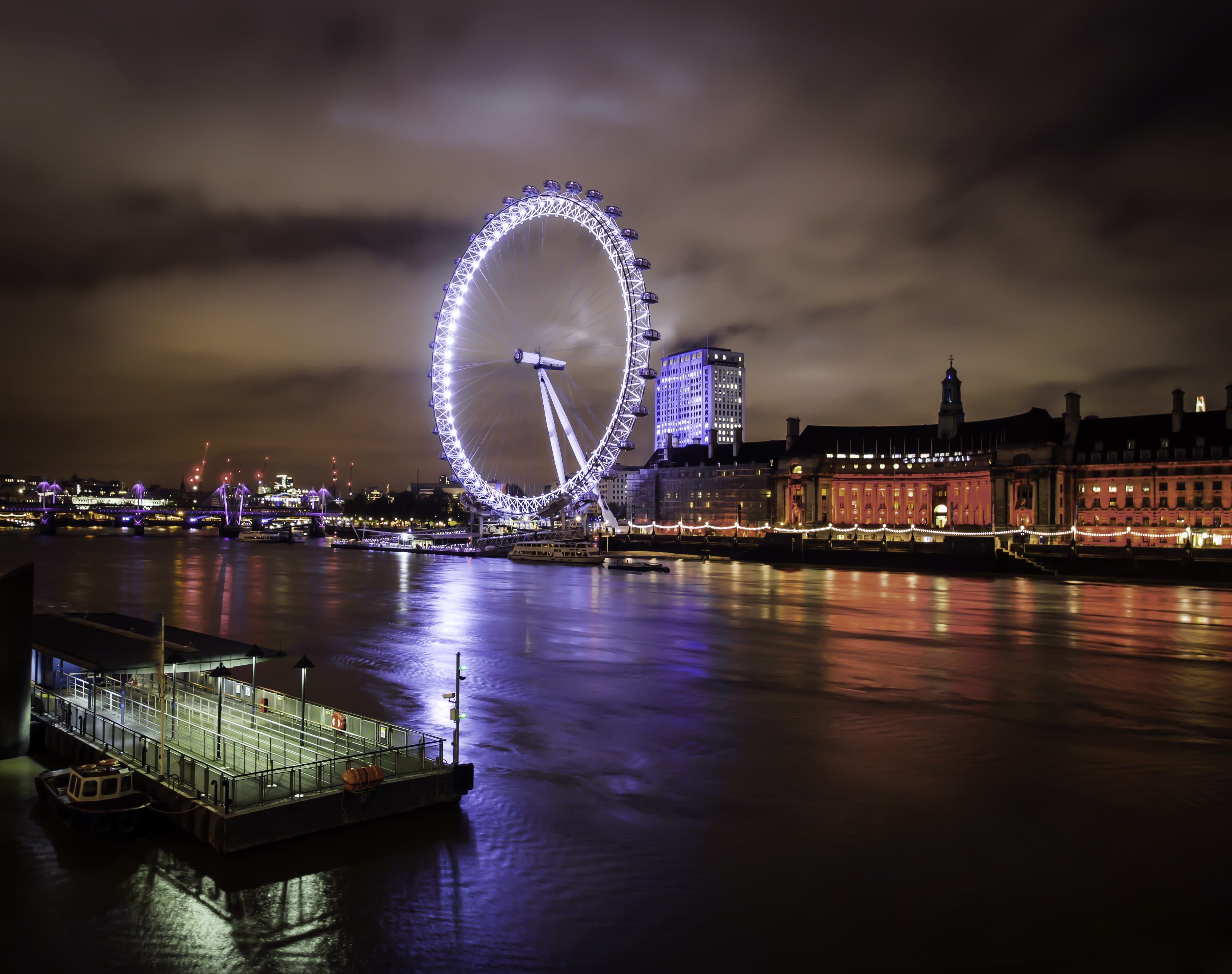 england, london eye, waterfront, attraction, nightlife, night, city, illuminated, water, outdoors, capital, amusement park, cloud - sky, london, amusement park ride, HD Wallpaper