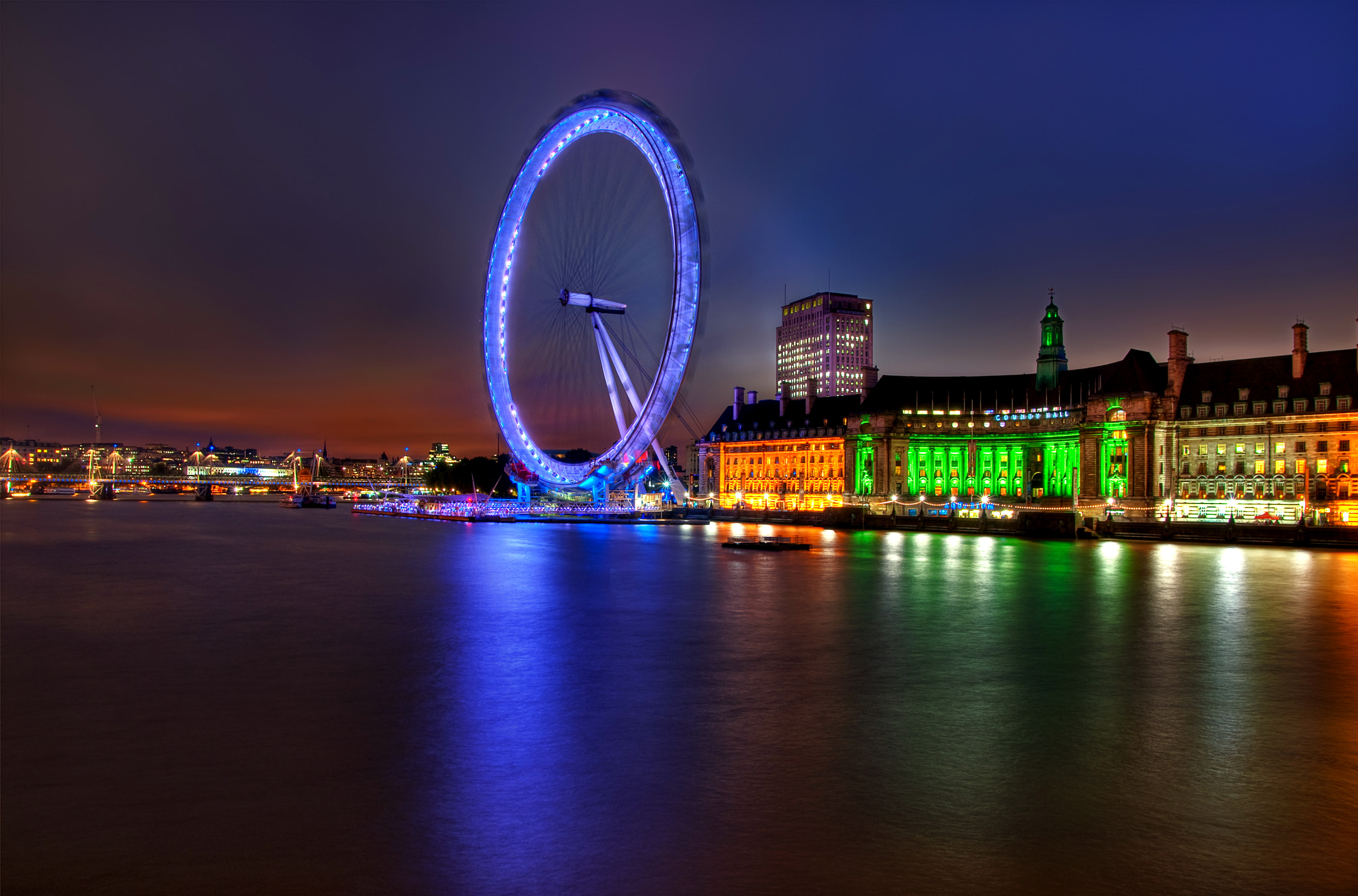 Ferris Wheel, Thames, the evening, England, 4K, river, lights, capital, architecture, Great Britain, backlight, London, building, UK, London Eye, HD Wallpaper