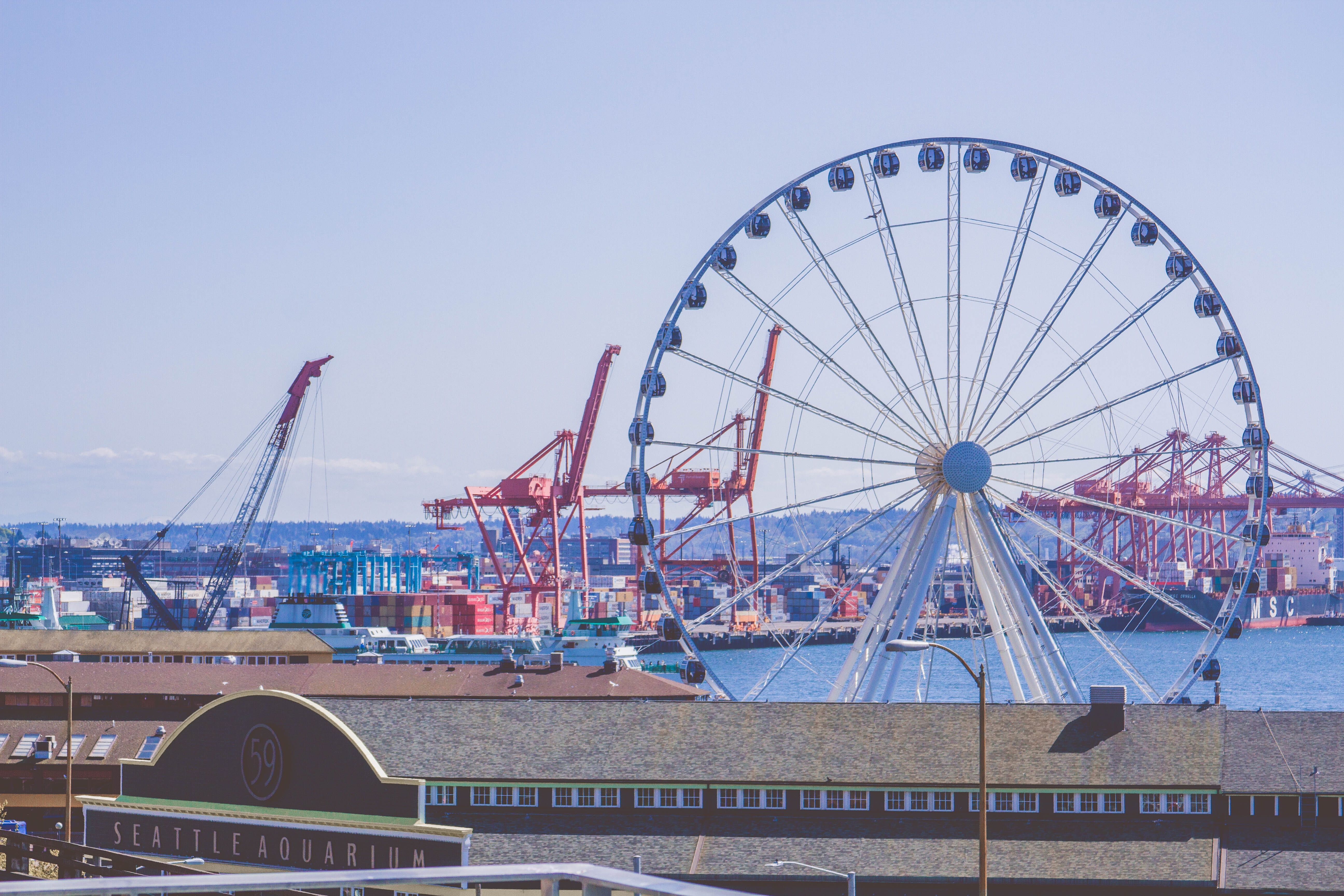 day, seattle great wheel, water, travel, amusement park ride, 5K, building exterior, sky, architecture, city, no people, clear sky, sea, nature, united states, HD Wallpaper