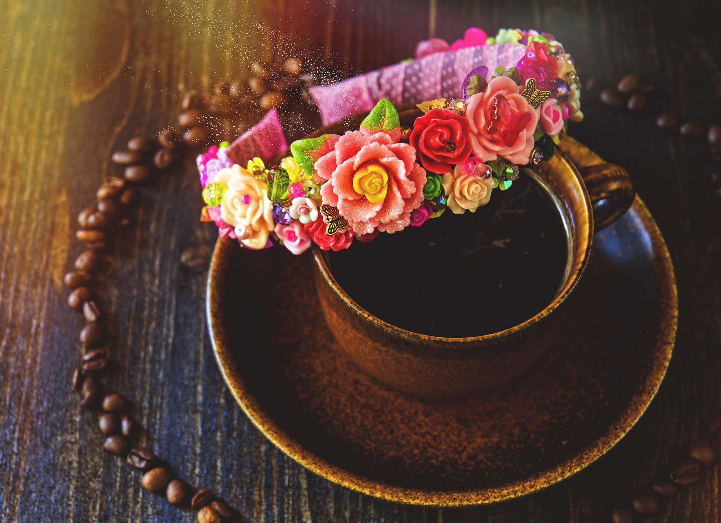 1080P, decoration, bezel, flowers, Cup, coffee, drink, grain, HD Wallpaper