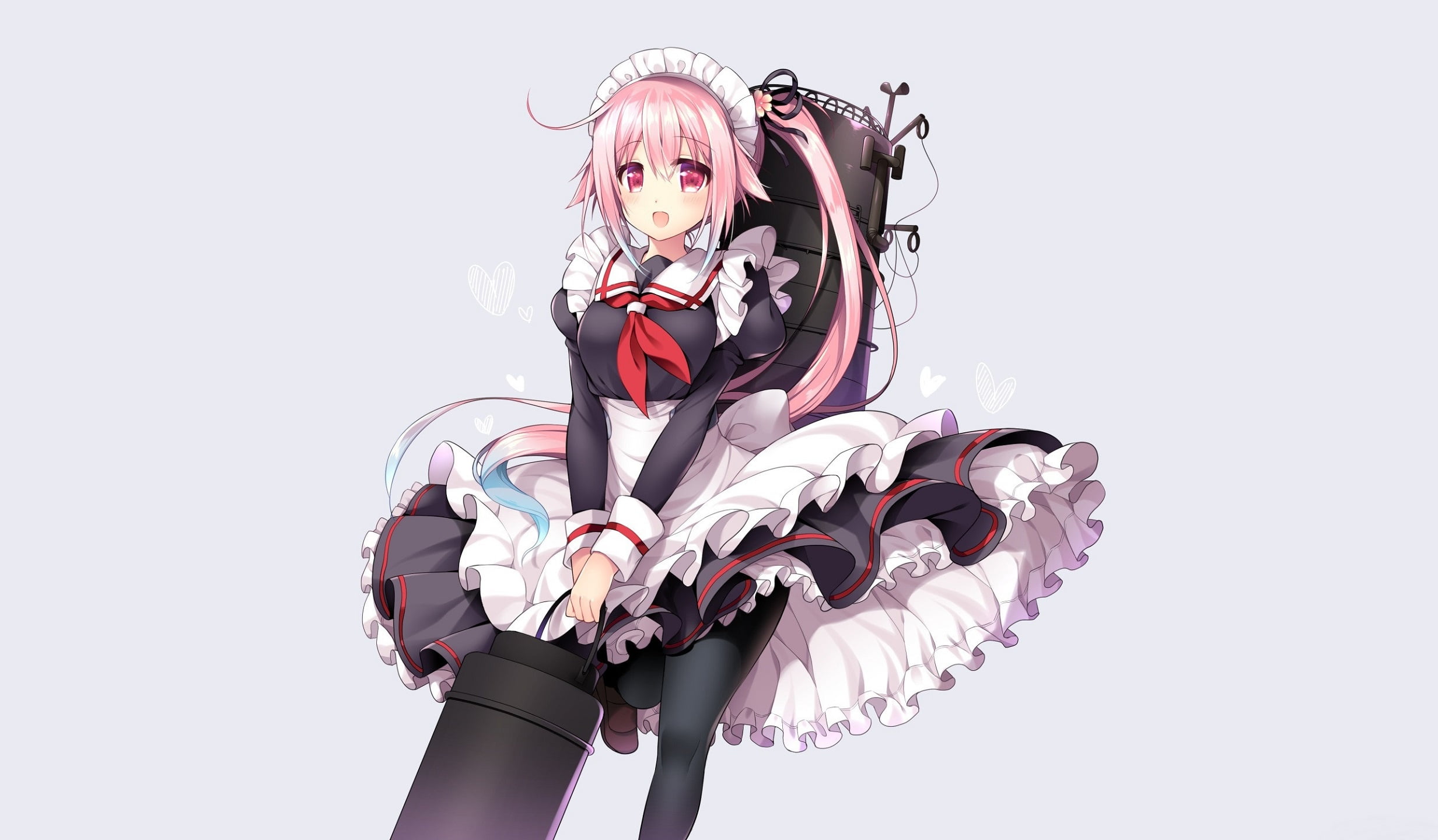 kantai collection, cans, the maid, bezel, pink hair, super-weapons, apron, naval collection, 1080P, red tie, grey background, ruffles, HD Wallpaper
