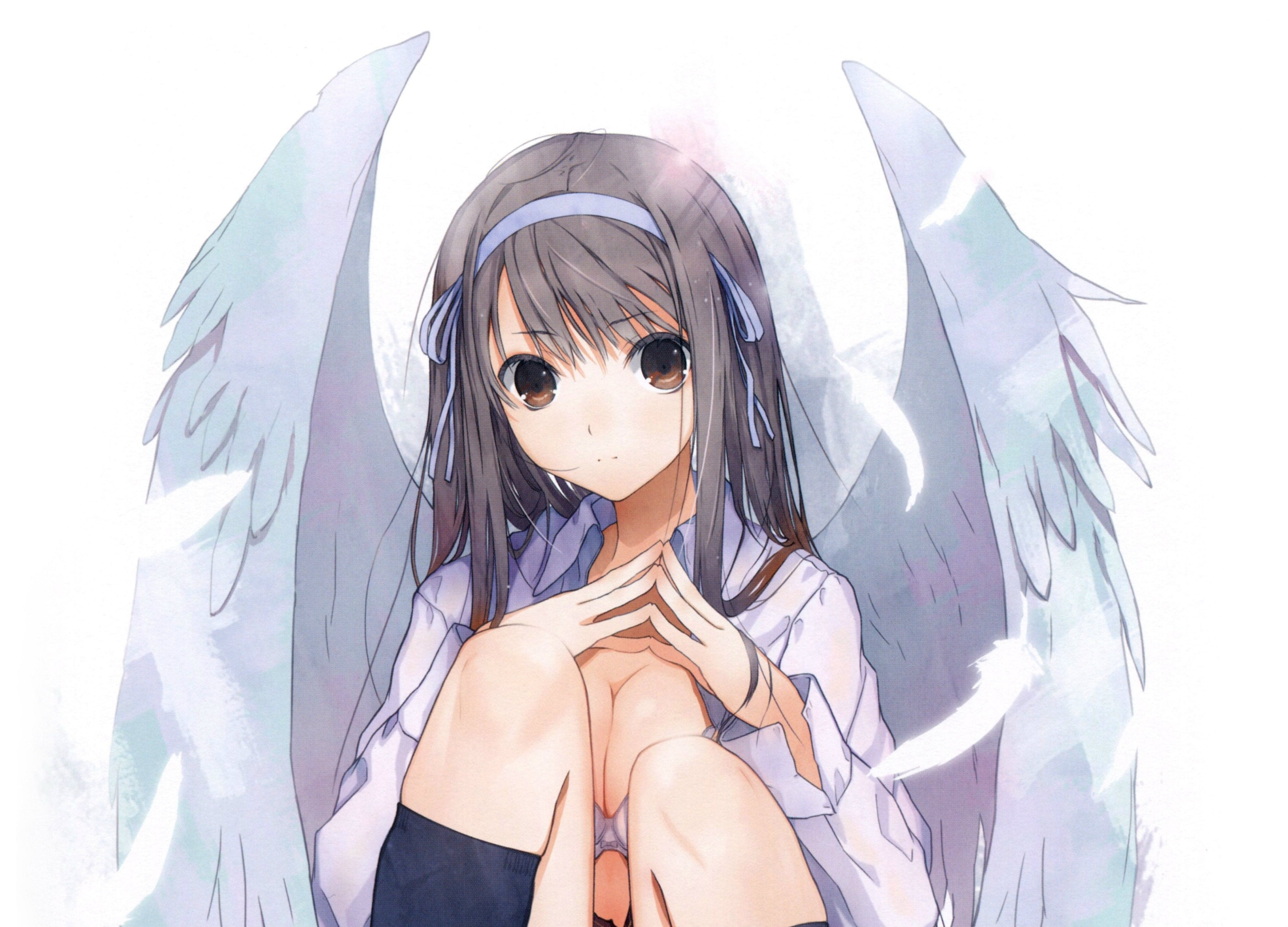 girl - angel, haruaki fuyuno, big eyes, 2K, white wings, bezel, feathers, bangs, angel, knees, HD Wallpaper