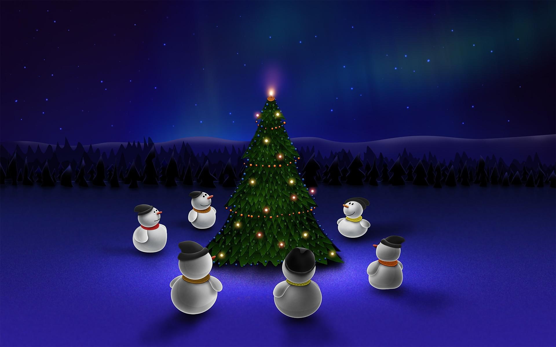 1920x1200, 1080P, around, tree, holidays, snowman, illustration, snowmen, christmas, merry christmas, chrismas, light, HD Wallpaper