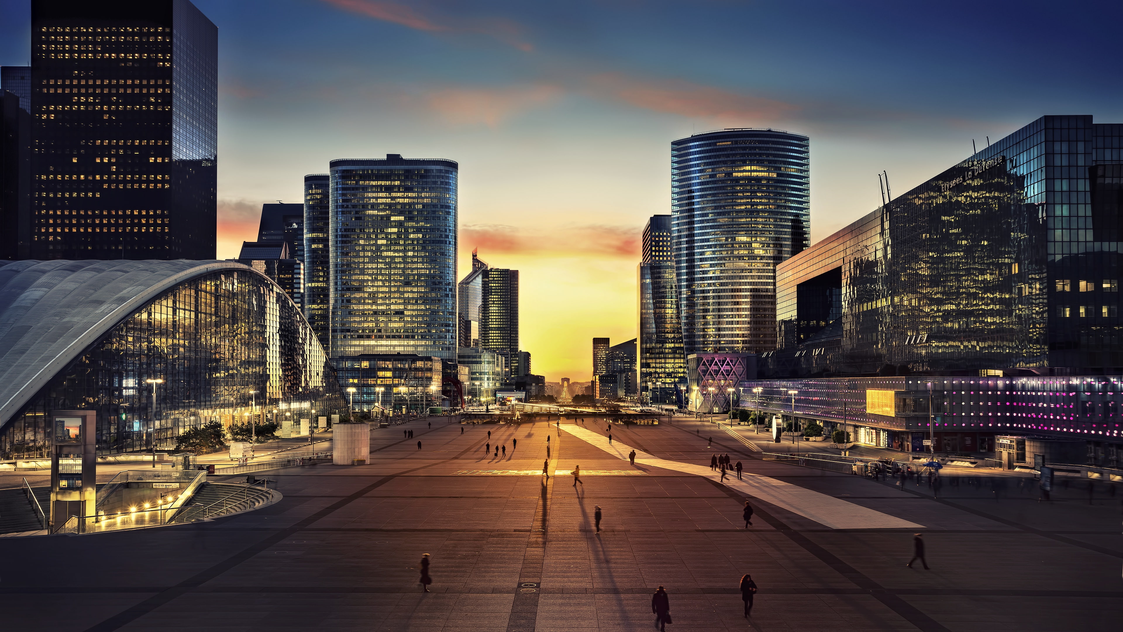 sky, 4K, buildings, architecture, skyscrapers, urban, Paris, city, Arc de Triomphe, twilight, people, France, square, monument, evening, capital, sunset, HD Wallpaper