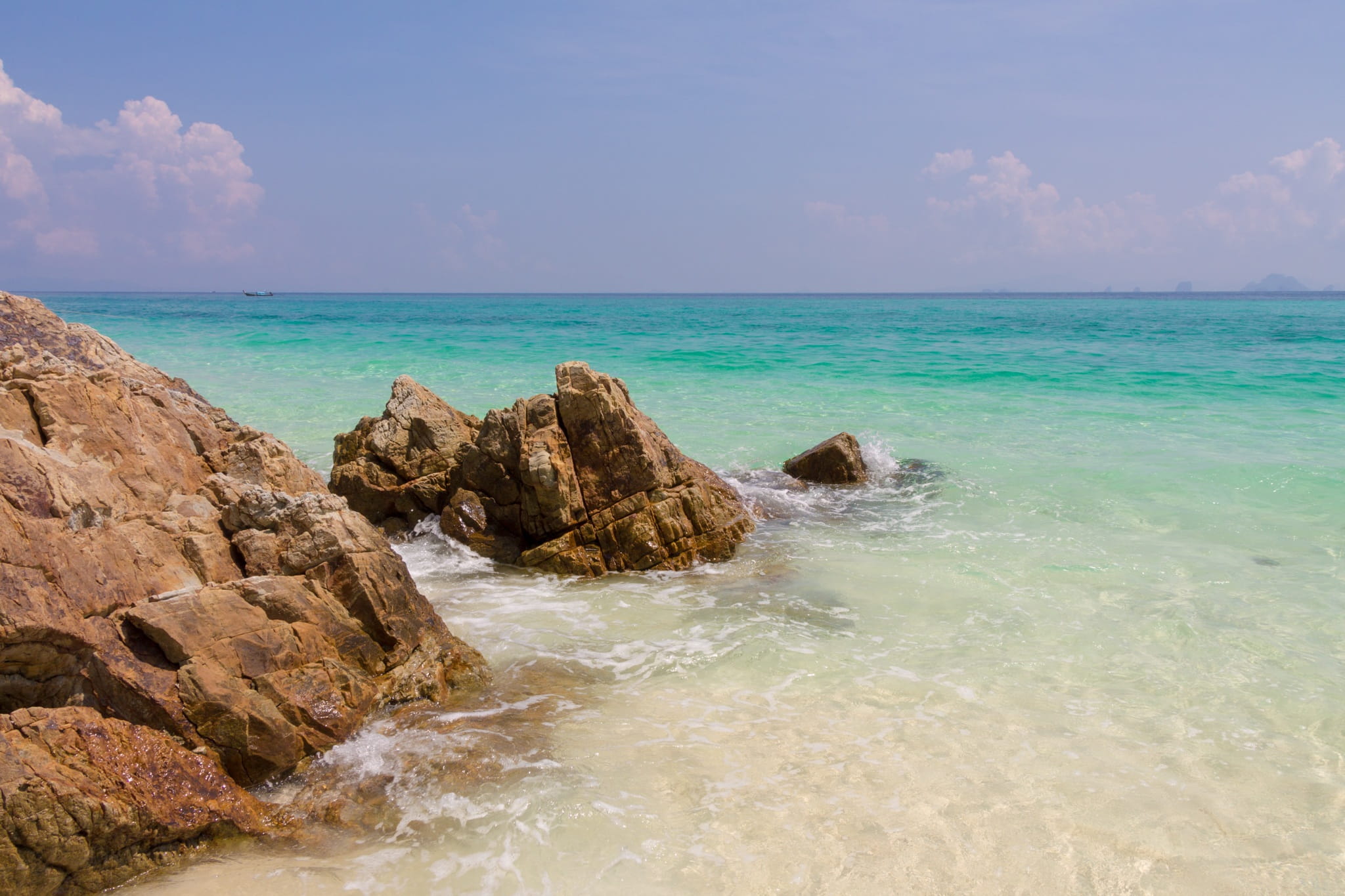 landscape photography, white, water, tropical, horizon, idyllic, rock - object, outdoors, vacation, sand, tranquil scene, wave, boulders, sunny, beauty in nature, HD Wallpaper