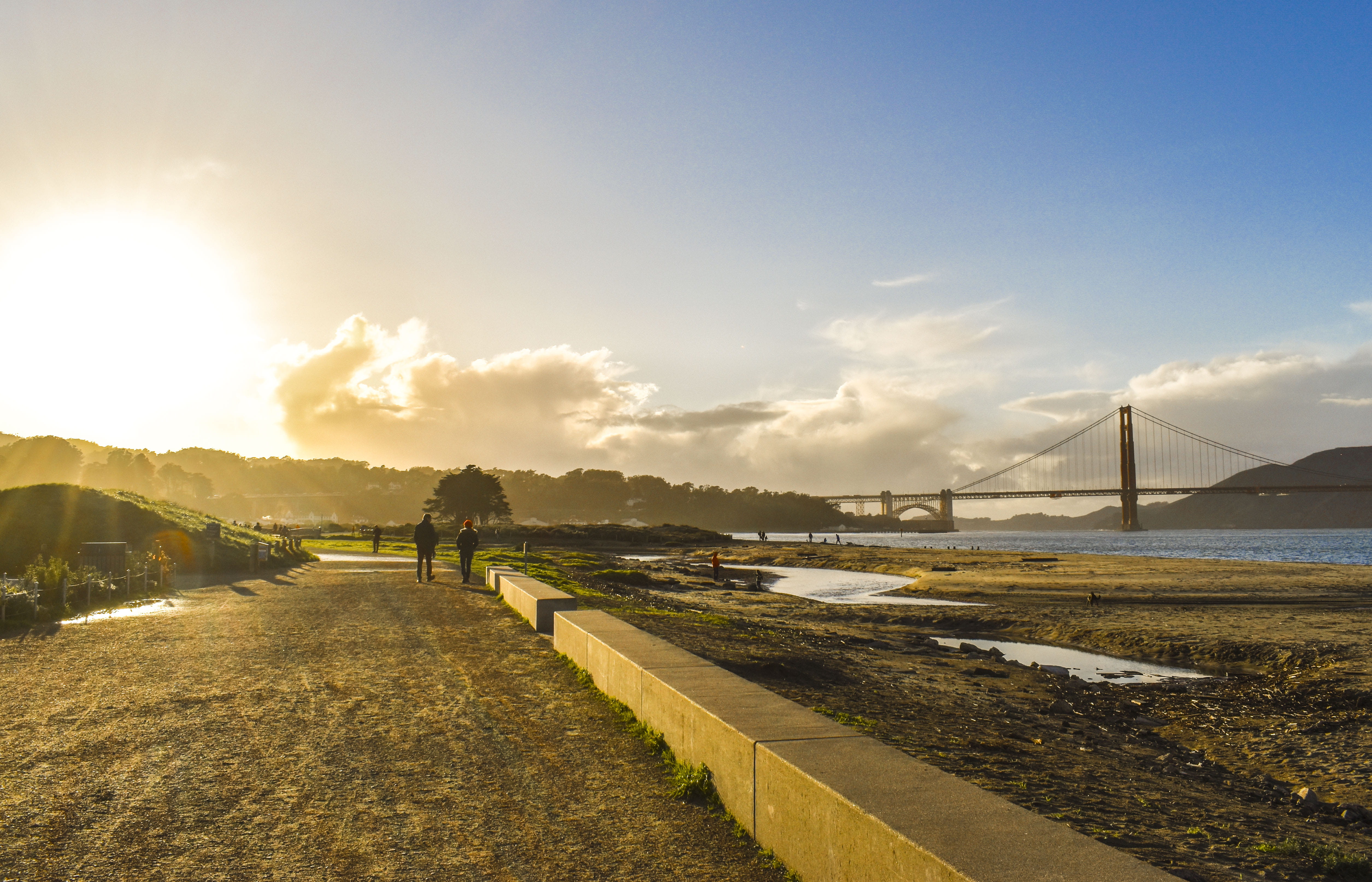 sunlight, river, walkway, sidewalk, crissy field, lifestyles, engineering, path, transportation, san francisco, 4K, bridge - man made structure, sky, cloud - sky, HD Wallpaper