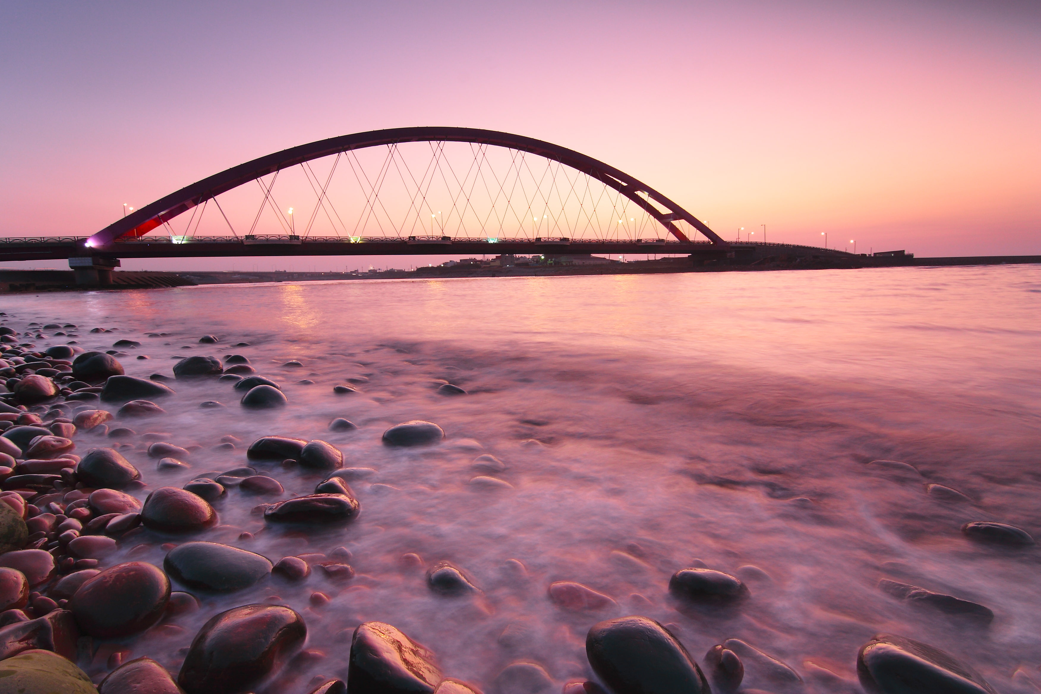 twilight, sea, built structure, nature, stones, connection, bridge - man made structure, outdoors, architecture, Germany, transportation, no people, pink, HD Wallpaper