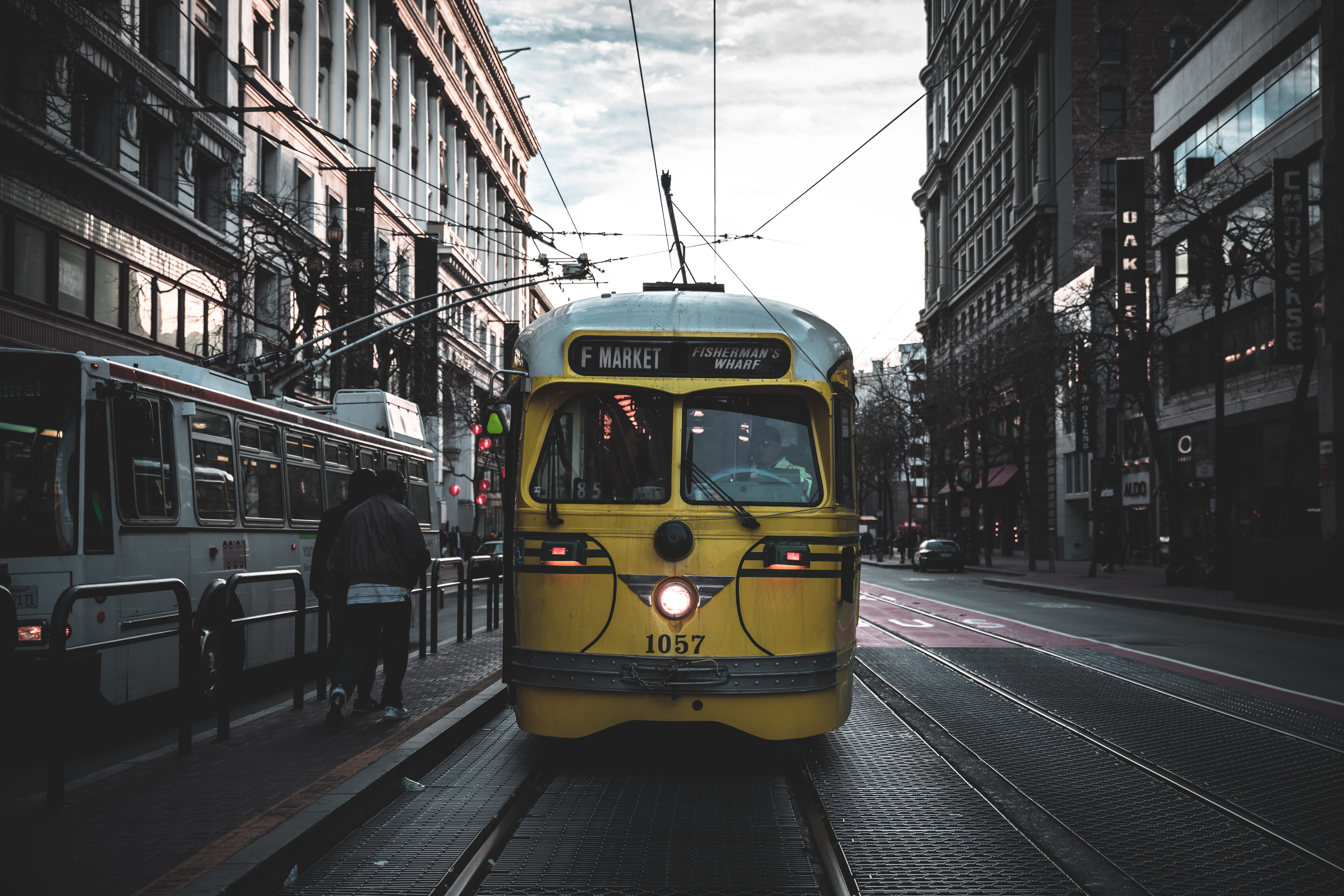 transportation, day, public transportation, building exterior, dark, city, outdoors, railroad track, train, san fransisco, city street, 5K, land vehicle, HD Wallpaper