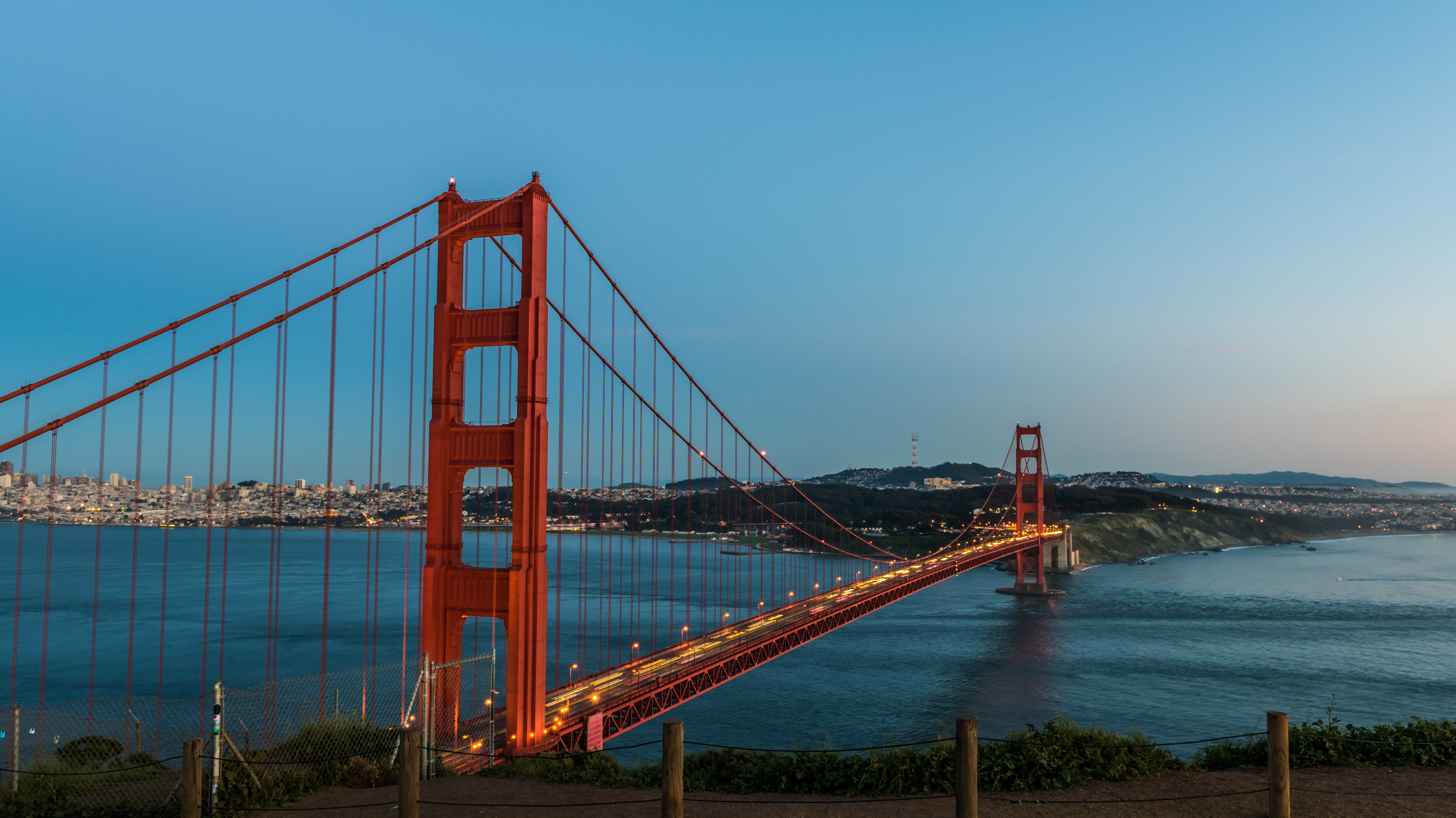 water, nature, sea, bridge - man made structure, red, golden gate bridge, longexpo, 5K, built structure, sunset, united states, sky, travel, transportation, HD Wallpaper