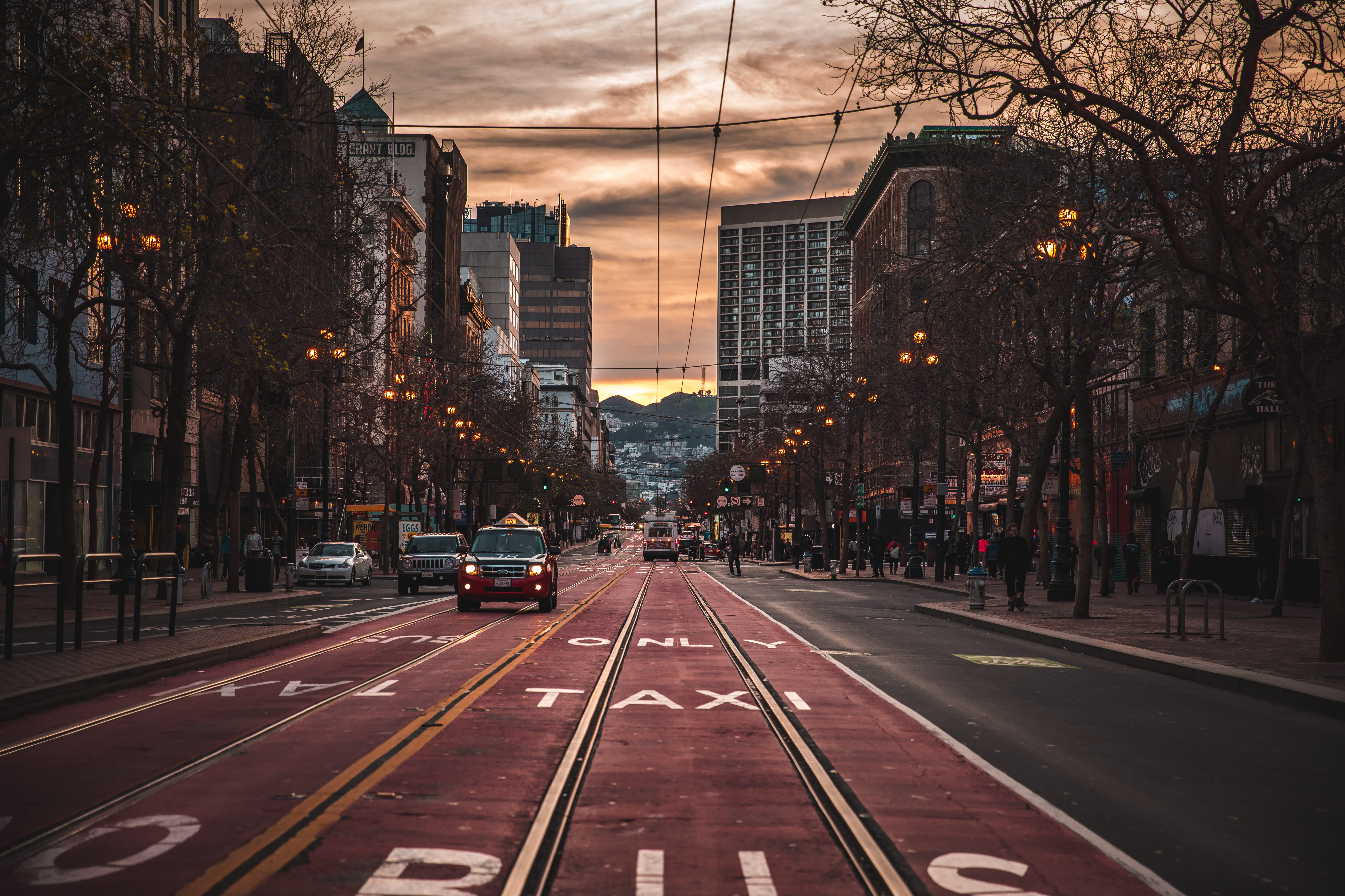 tree, mode of transportation, direction, fall, san fran, architecture, outdoors, building exterior, 5K, sunset, sf, transportation, road, light, trees, HD Wallpaper